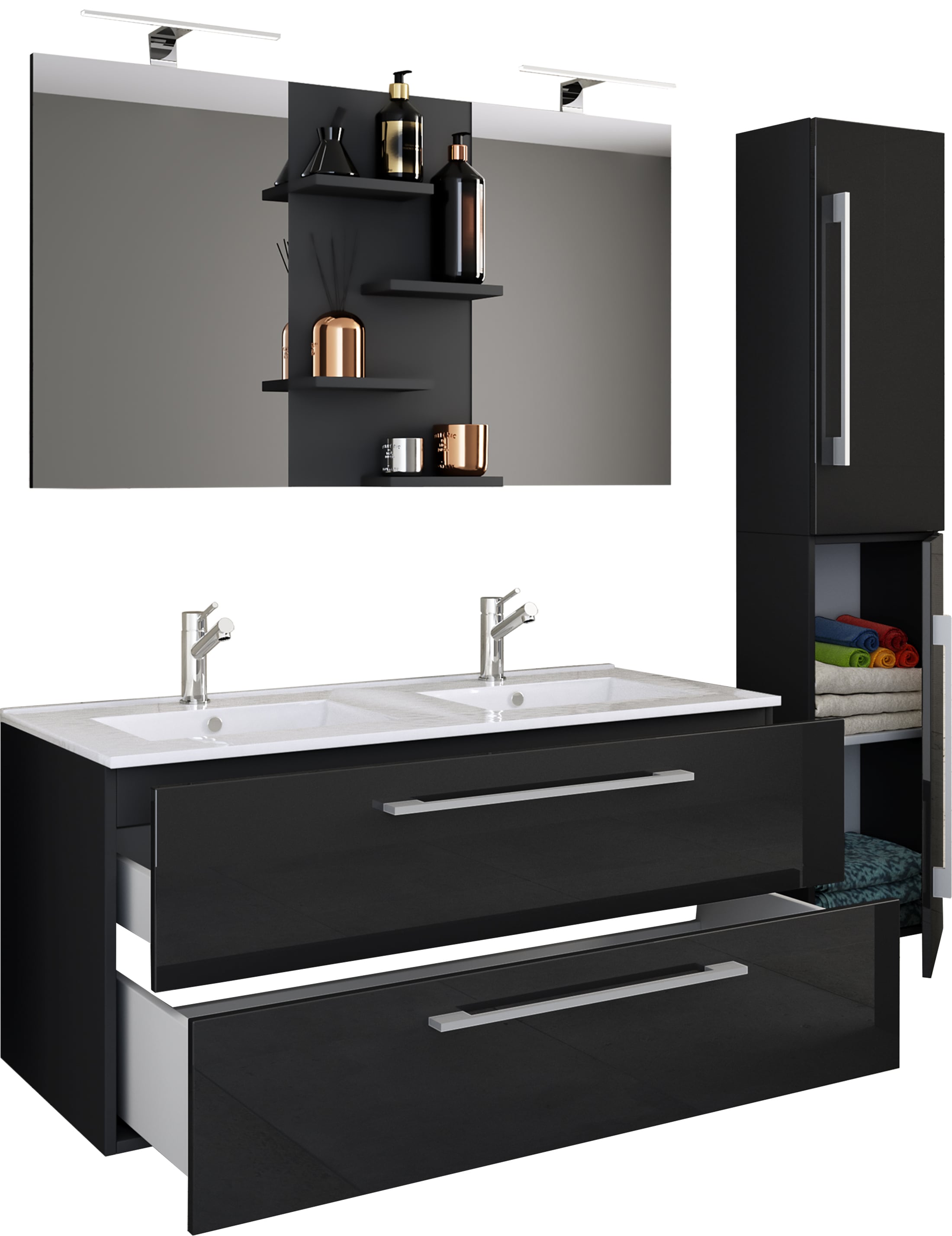 VCM 4-tlg. Doppel Waschplatz | 2x Waschtisch | Badm&ouml;bel Set mit Unterschrank, Waschbecken, Hochschrank und Spiegel | Doppelwaschbecken | Komplettset Budasi SP - Bild 1