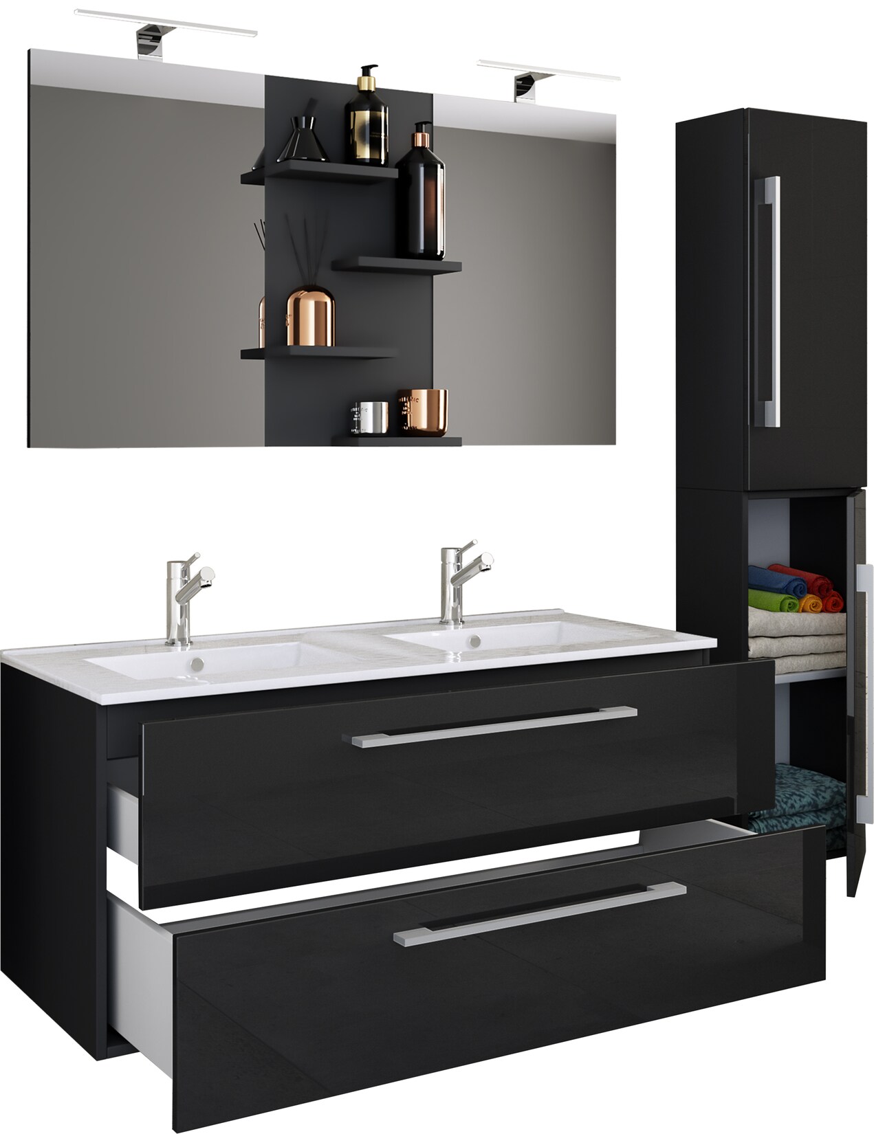 VCM 4-tlg. Doppel Waschplatz 2x Waschtisch Badmöbel Set mit Unterschrank, Waschbecken, Hochschrank und Spiegel Doppelwaschbecken Komplettset Budasi SP