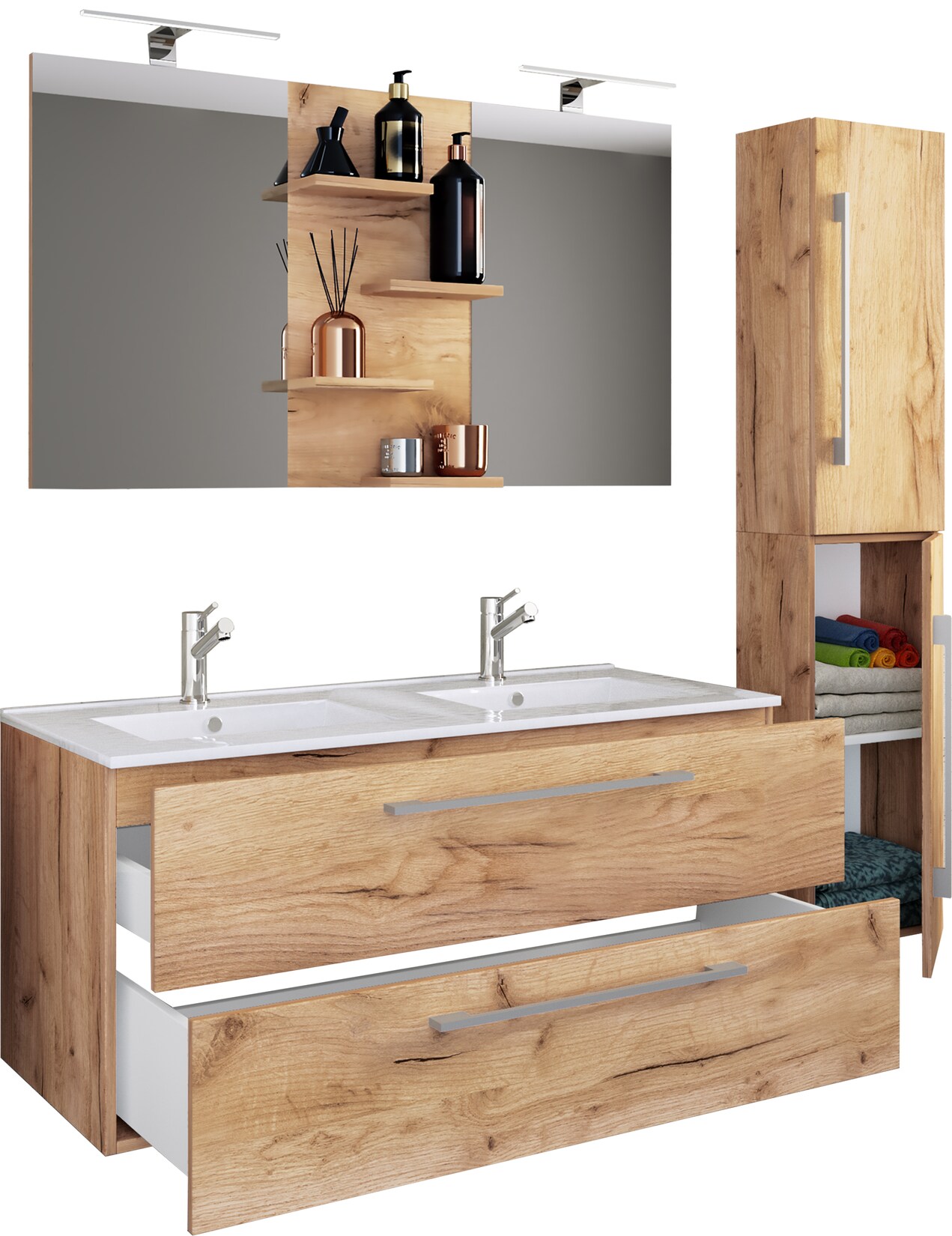 VCM 4-tlg. Doppel Waschplatz 2x Waschtisch Badmöbel Set mit Unterschrank, Waschbecken, Hochschrank und Spiegel Doppelwaschbecken Komplettset Budasi SP