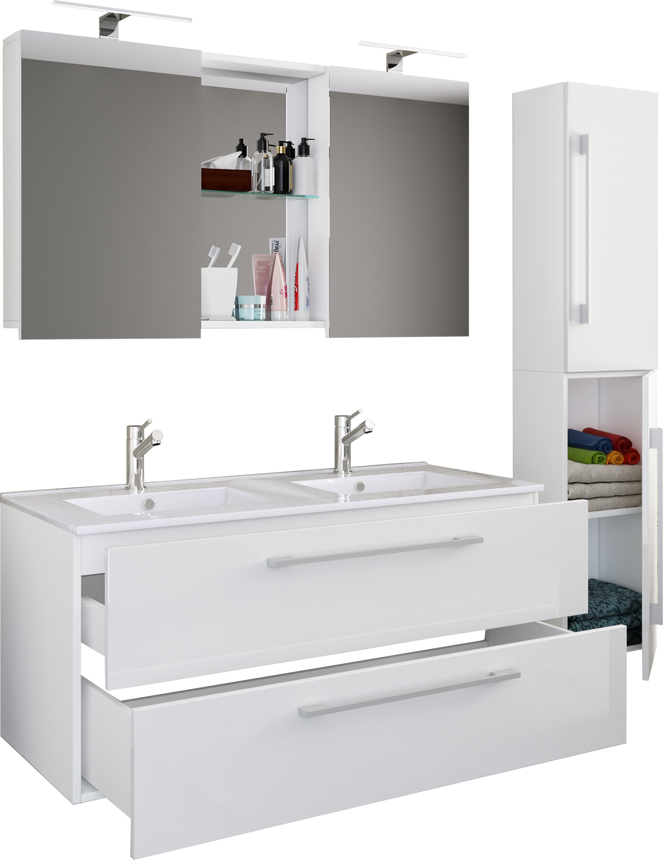 VCM 4-tlg. Doppel Waschplatz | 2x Waschtisch | Badm&ouml;bel Set mit Unterschrank, Waschbecken, Hochschrank und Spiegelschrank | Doppelwaschbecken | Komplettset Budasi SC - Bild 1