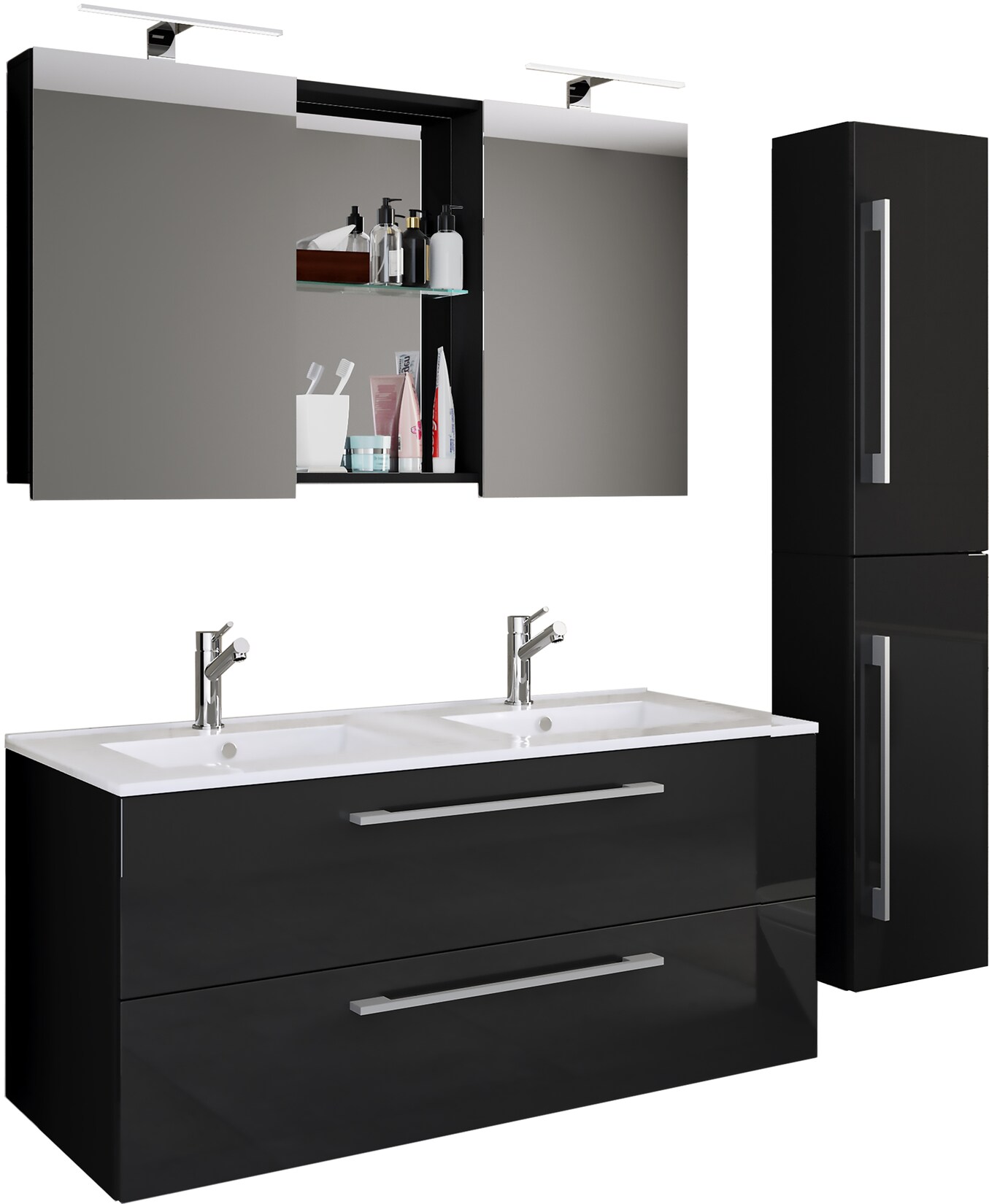 VCM 4-tlg. Doppel Waschplatz 2x Waschtisch Badmöbel Set mit Unterschrank, Waschbecken, Hochschrank und Spiegelschrank Doppelwaschbecken Komplettset Budasi SC