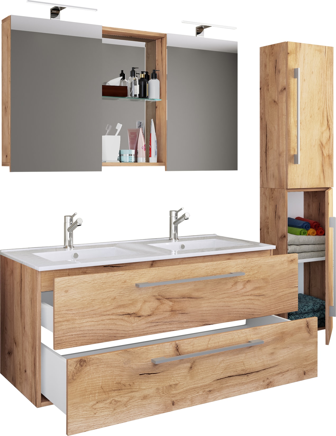 VCM 4-tlg. Doppel Waschplatz 2x Waschtisch Badmöbel Set mit Unterschrank, Waschbecken, Hochschrank und Spiegelschrank Doppelwaschbecken Komplettset Budasi SC