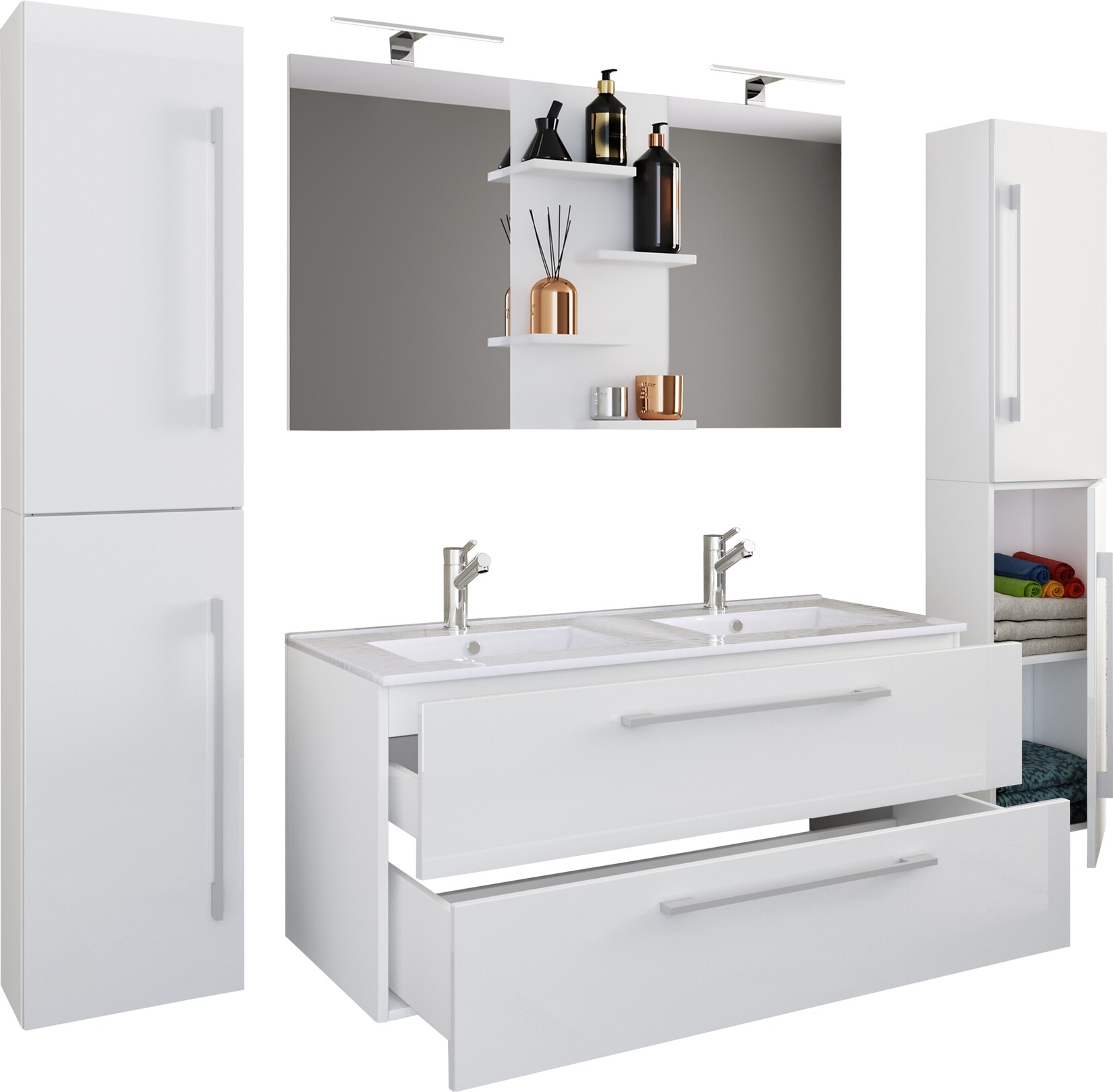 VCM 5-tlg. Doppel Waschplatz 2x Waschtisch Badmöbel Set mit Unterschrank, Waschbecken, 2x Hochschrank und Spiegel Doppelwaschbecken Komplettset Budasi SP