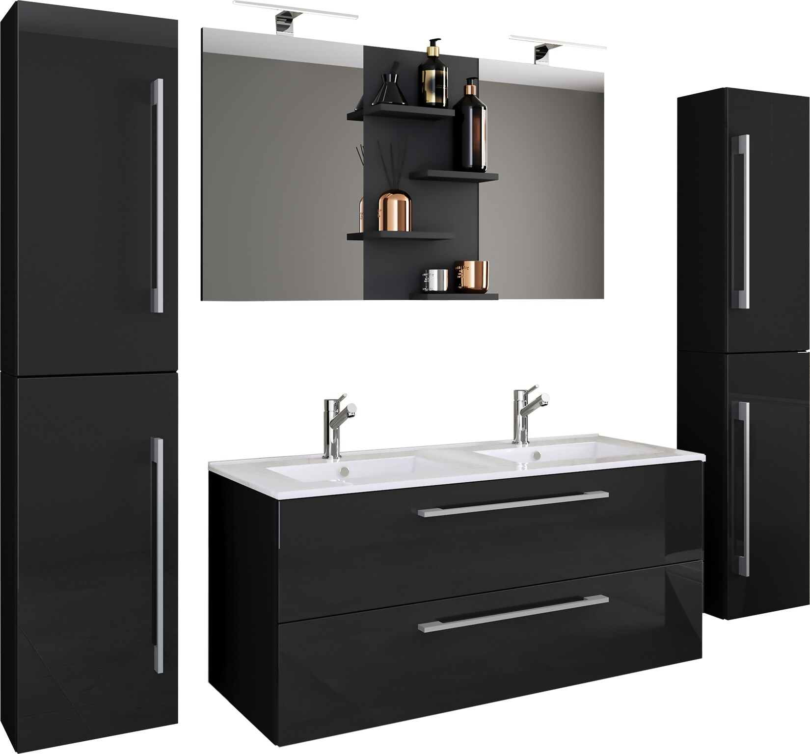 VCM 5-tlg. Doppel Waschplatz 2x Waschtisch Badmöbel Set mit Unterschrank, Waschbecken, 2x Hochschrank und Spiegel Doppelwaschbecken Komplettset Budasi SP