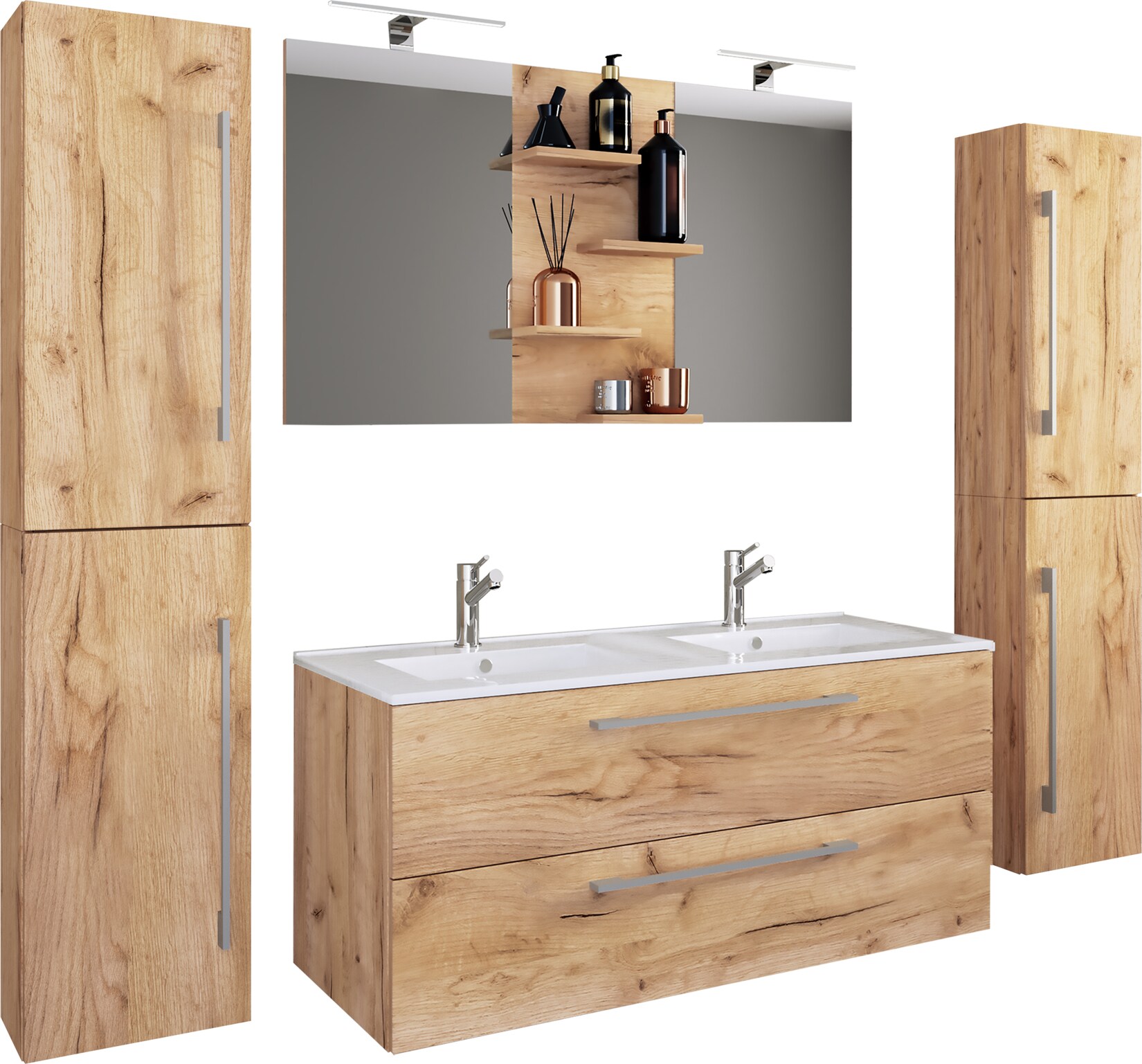 VCM 5-tlg. Doppel Waschplatz 2x Waschtisch Badmöbel Set mit Unterschrank, Waschbecken, 2x Hochschrank und Spiegel Doppelwaschbecken Komplettset Budasi SP