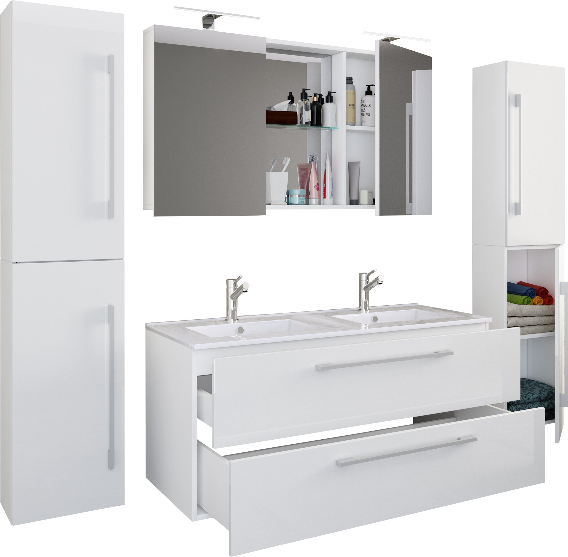 VCM 5-tlg. Doppel Waschplatz | 2x Waschtisch | Badm&ouml;bel Set mit Unterschrank, Waschbecken, 2x Hochschrank und Spiegelschrank | Doppelwaschbecken | Komplettset Budasi SC - Bild 1