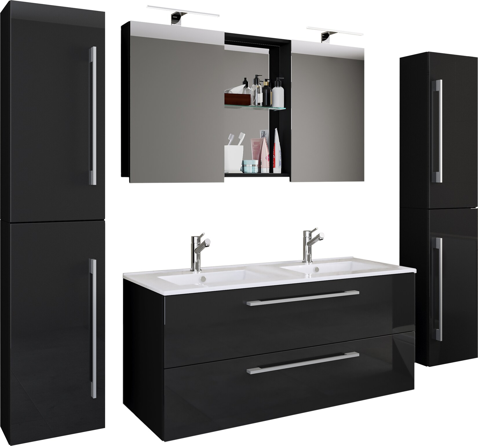 VCM 5-tlg. Doppel Waschplatz 2x Waschtisch Badmöbel Set mit Unterschrank, Waschbecken, 2x Hochschrank und Spiegelschrank Doppelwaschbecken Komplettset Budasi SC