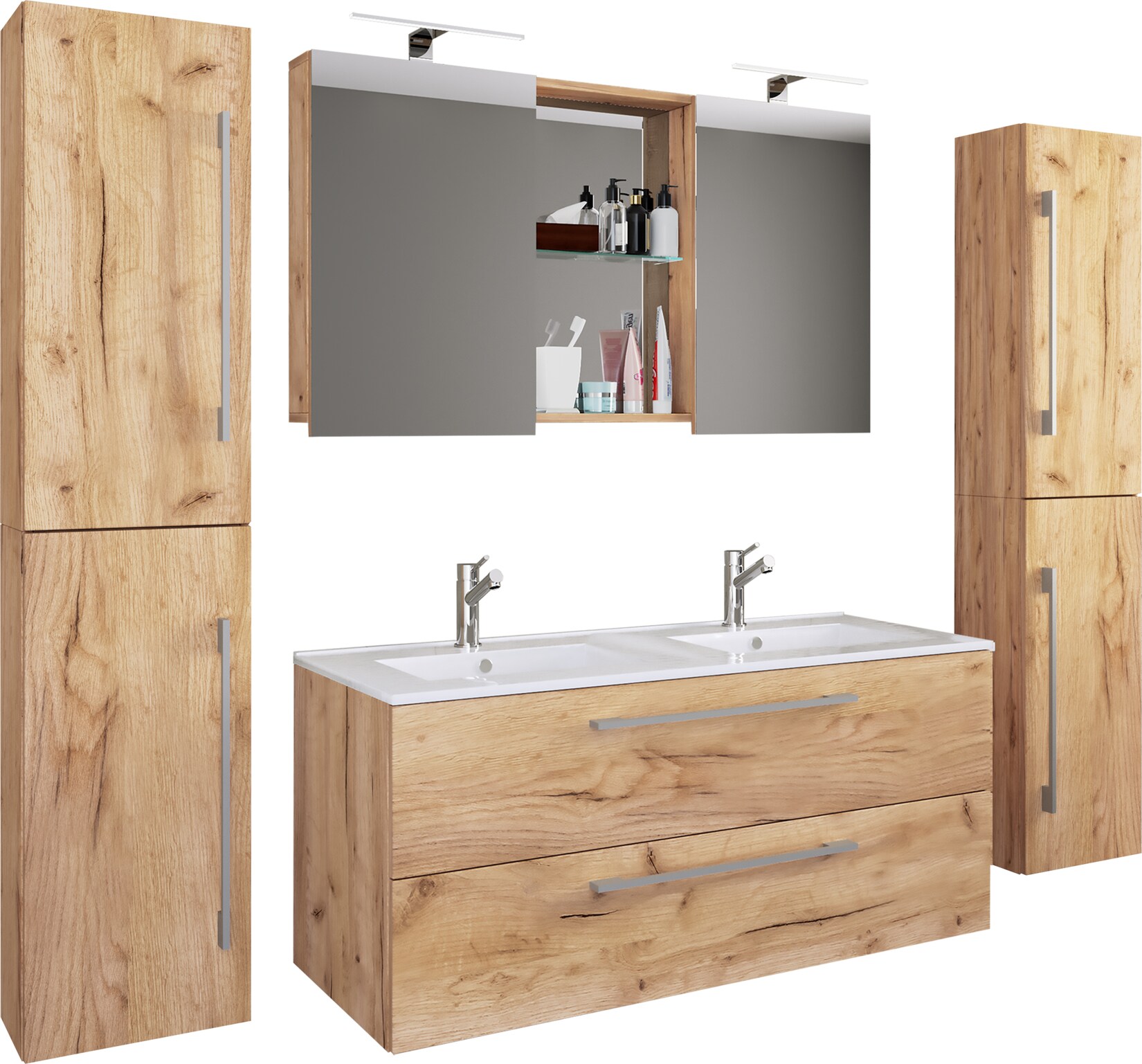 VCM 5-tlg. Doppel Waschplatz 2x Waschtisch Badmöbel Set mit Unterschrank, Waschbecken, 2x Hochschrank und Spiegelschrank Doppelwaschbecken Komplettset Budasi SC