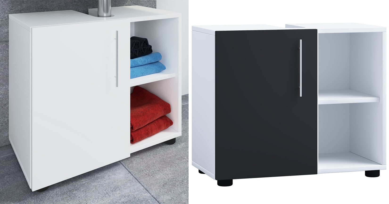 VCM Holz Waschbeckenunterschrank   Badschrank   Maße: H. 51 x B. 60 x T. 30 cm   1 Drehtür   2 offene Regalfächer   modernes Badezimmermöbel – Flandu lll | 04051814412097