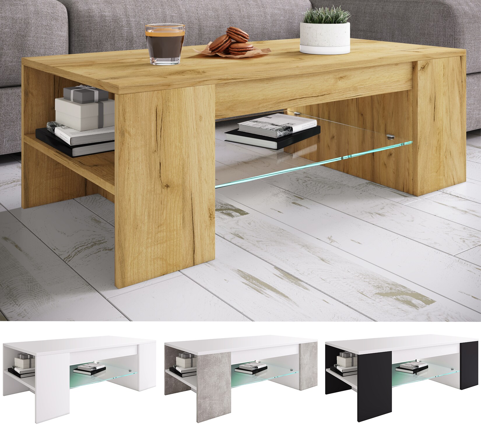 VCM Couchtisch "Holz Sofatisch Couchtisch Schublade Glas Tunas" 1 Stk. tlg.