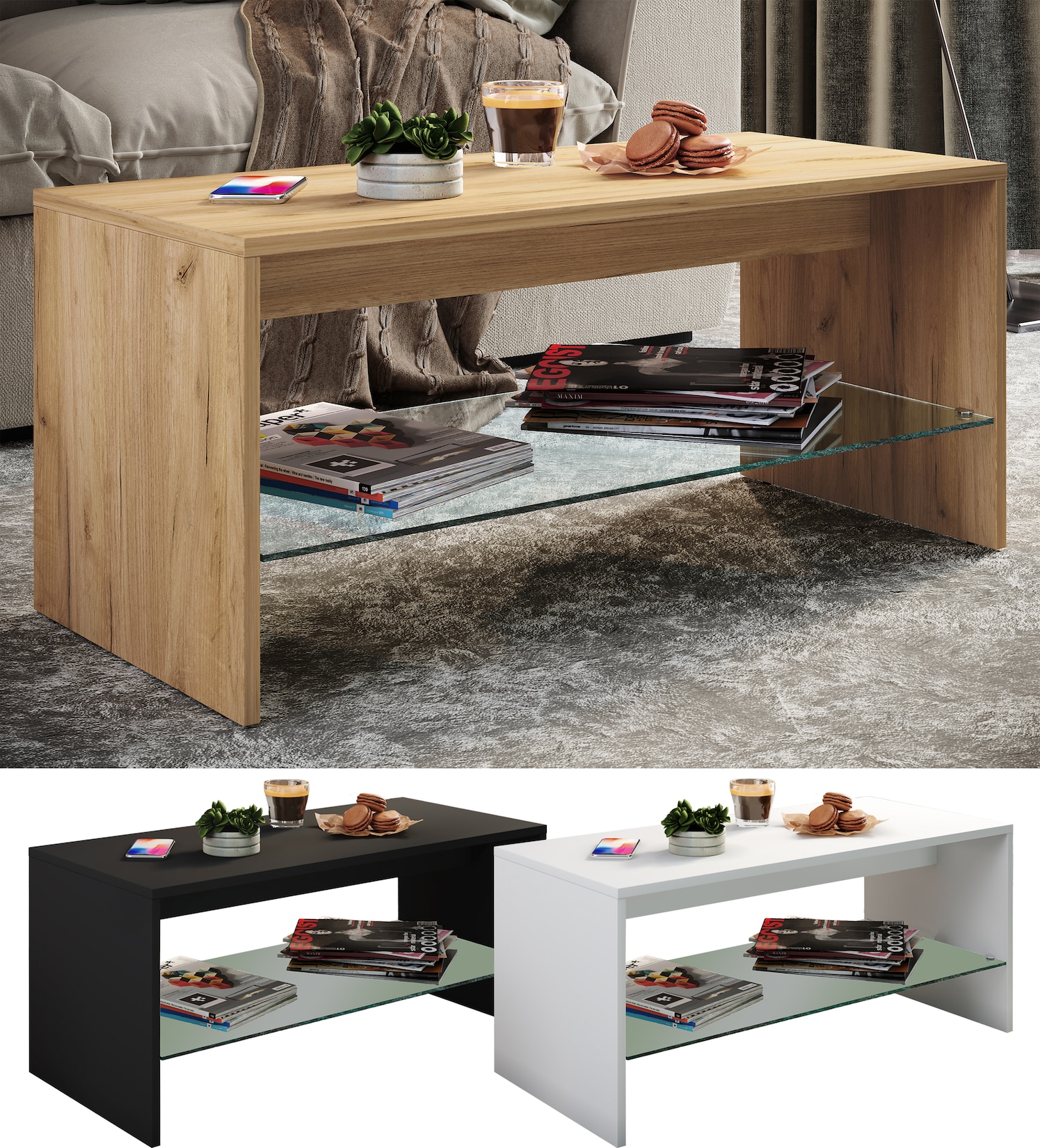 VCM Holz Couchtisch Sofatisch mit ausreichend Stauraum Maße ca. H. 40 x B. 90 x T. 40 cm Wohnzimmertisch – Wisal