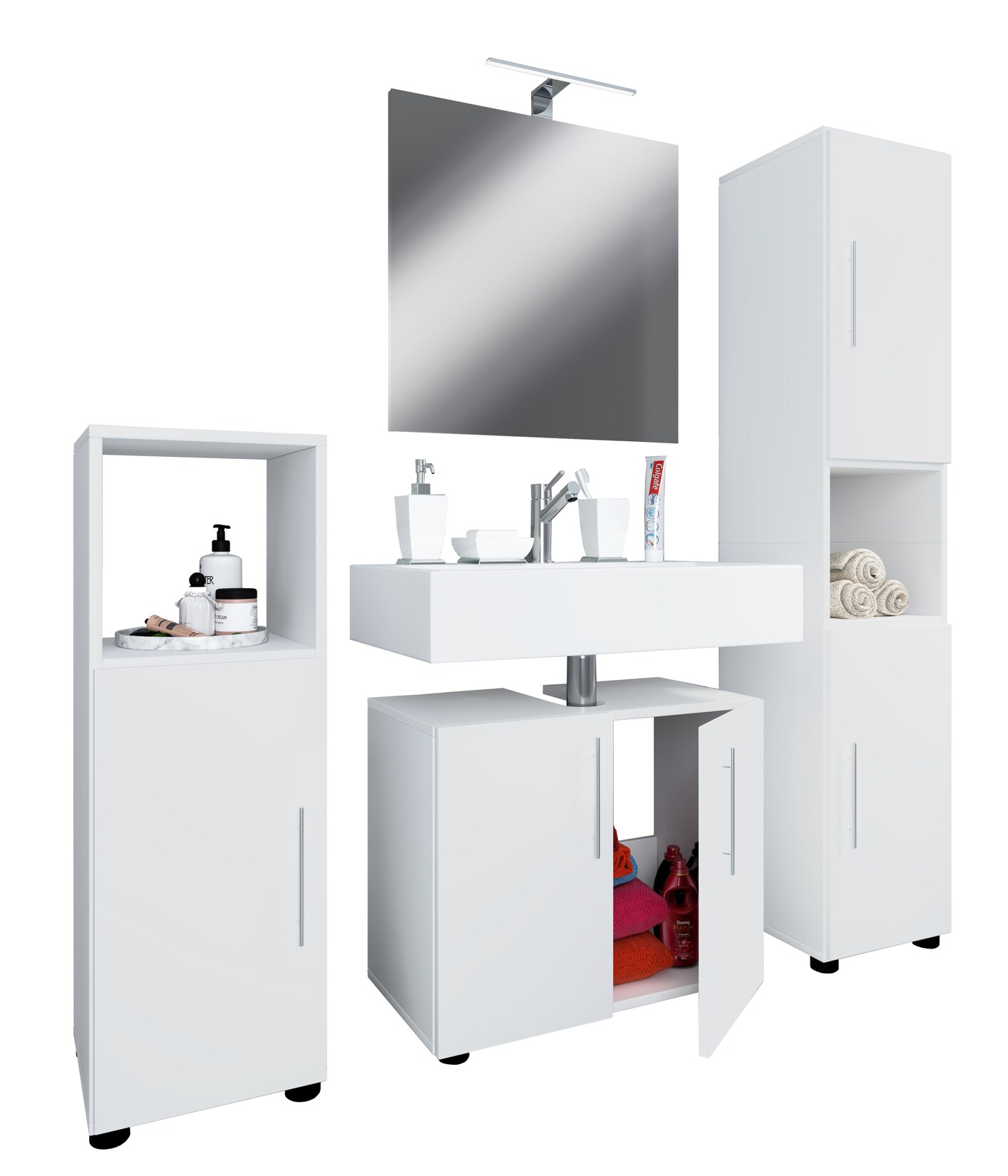 VCM 4-tlg. Badmöbelset Badmöbel Set aus Unterschrank, Midischrank, Hochschrank und Spiegel Badezimmermöbel – Flandu II