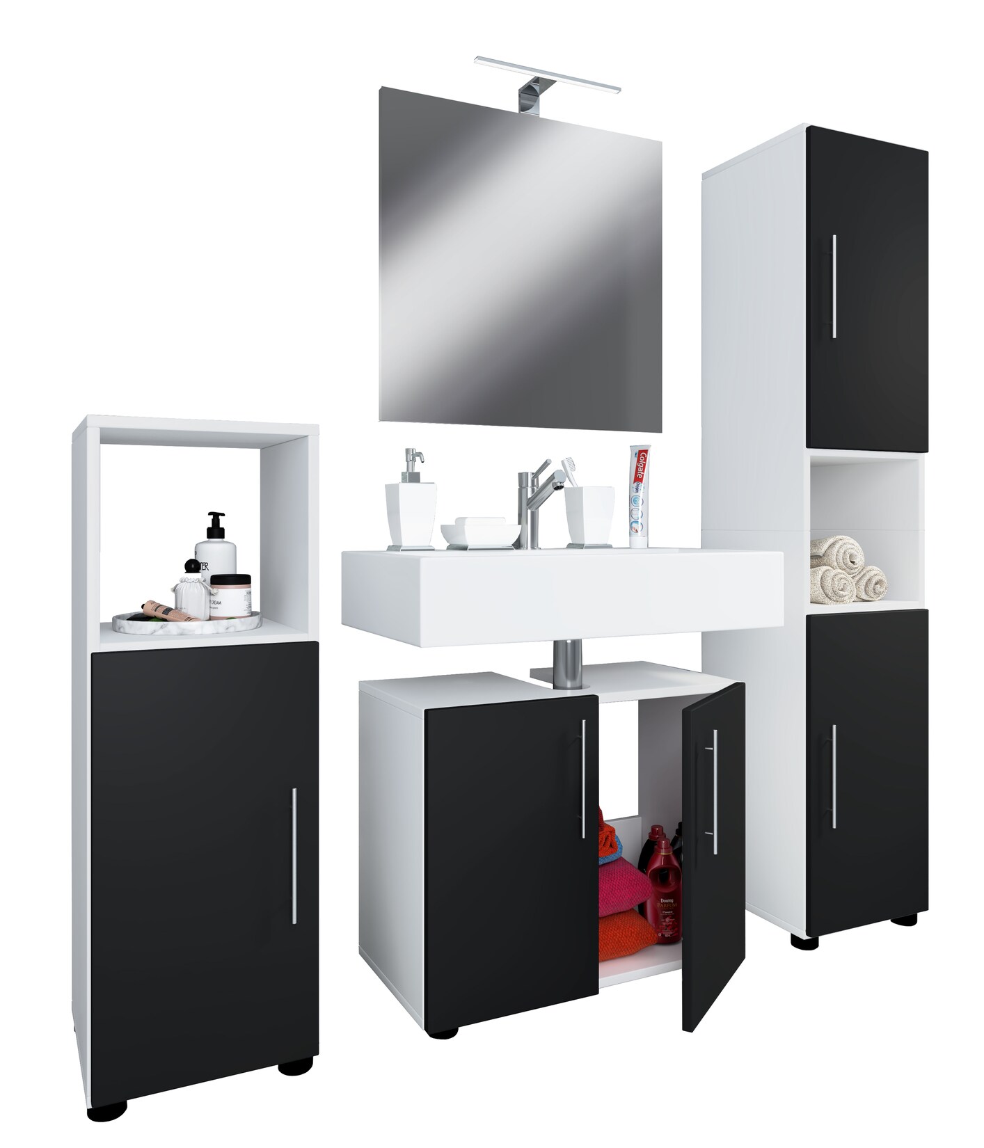 VCM 4-tlg. Badmöbelset Badmöbel Set aus Unterschrank, Midischrank, Hochschrank und Spiegel Badezimmermöbel – Flandu II