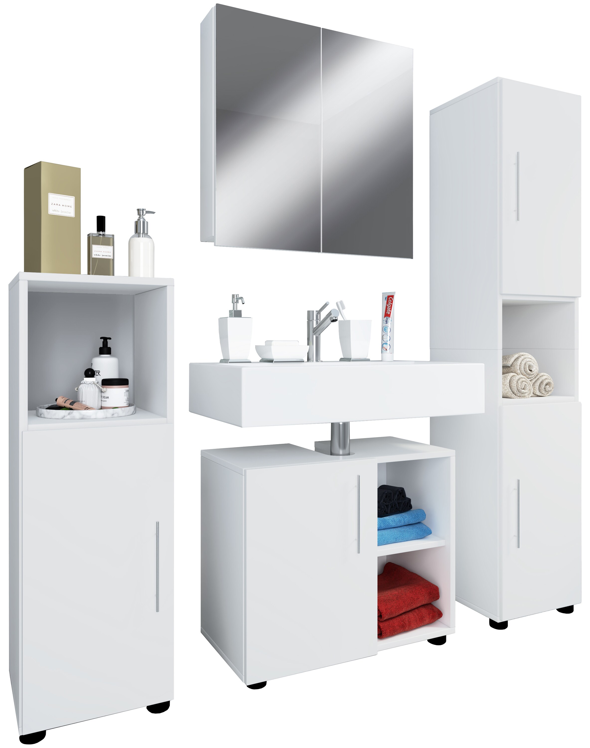 VCM 4-tlg. Badm&ouml;belset | Badm&ouml;bel | Set aus Unterschrank, Midischrank, Hochschrank und Spiegel | Badezimmerm&ouml;bel &ndash; Flandu III - Bild 1