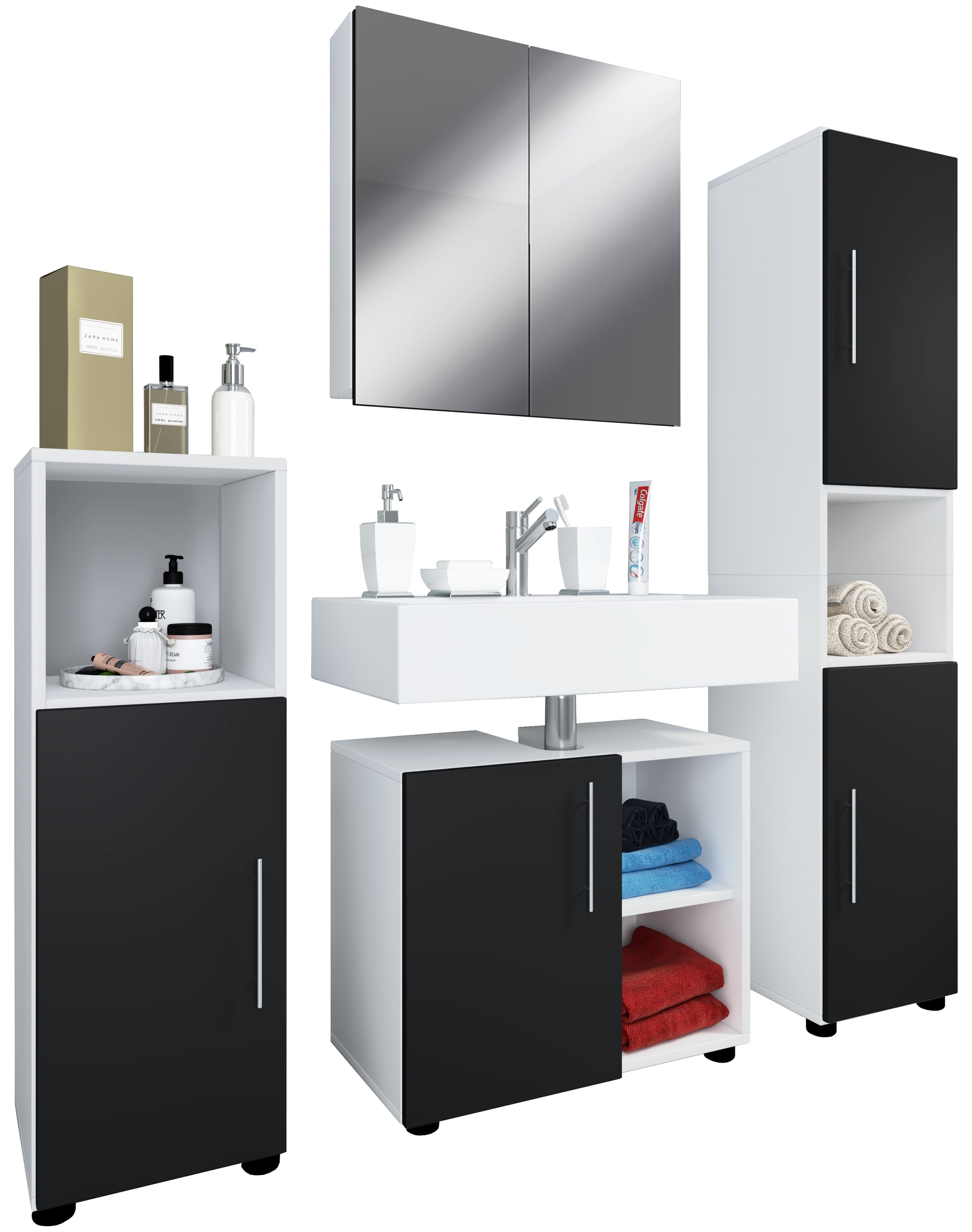 VCM 4-tlg. Badm&ouml;belset | Badm&ouml;bel | Set aus Unterschrank, Midischrank, Hochschrank und Spiegel | Badezimmerm&ouml;bel &ndash; Flandu III - Bild 1