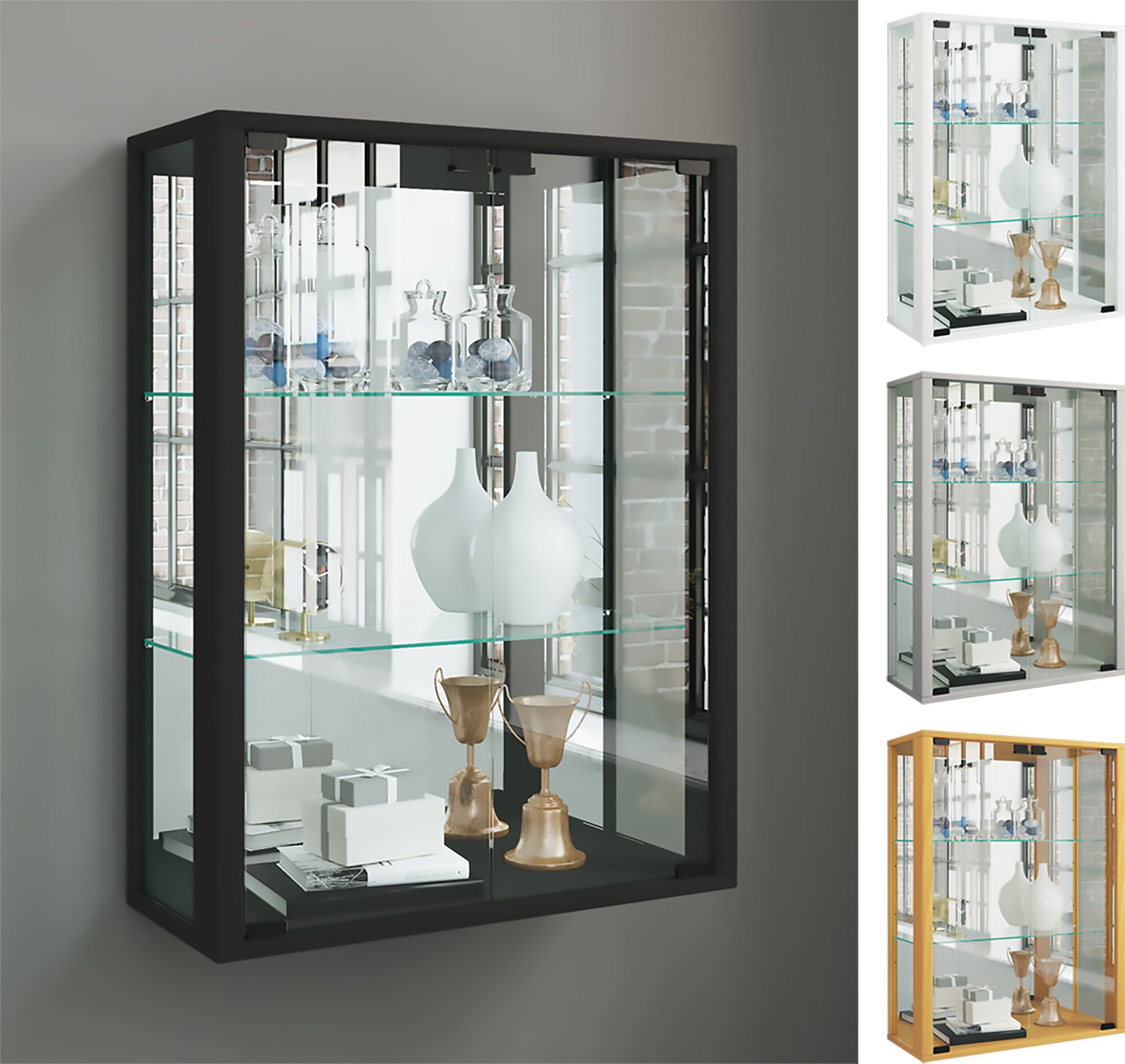 VCM Glasvitrine h&auml;ngend | Vitrine Glas mit ESG-Sicherheitsglas | Ma&szlig;e ca.  H. 80 x B. 60 x T. 25 cm | H&auml;ngevitrine Glas | Modern und platzsparend | Glas Vitrinenschrank -  Udina Spiegel - Bild 1