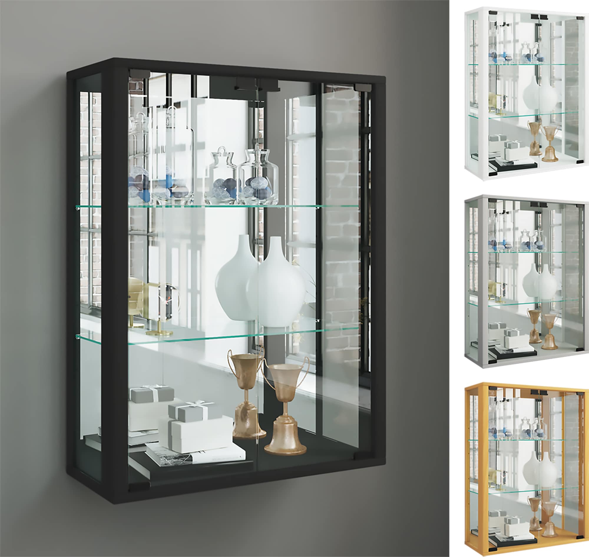 VCM Glasvitrine h&auml;ngend | Vitrine Glas mit ESG-Sicherheitsglas | Ma&szlig;e ca.  H. 80 x B. 60 x T. 25 cm | H&auml;ngevitrine Glas | Modern und platzsparend | Glas Vitrinenschrank -  Udina Spiegel - Bild 1