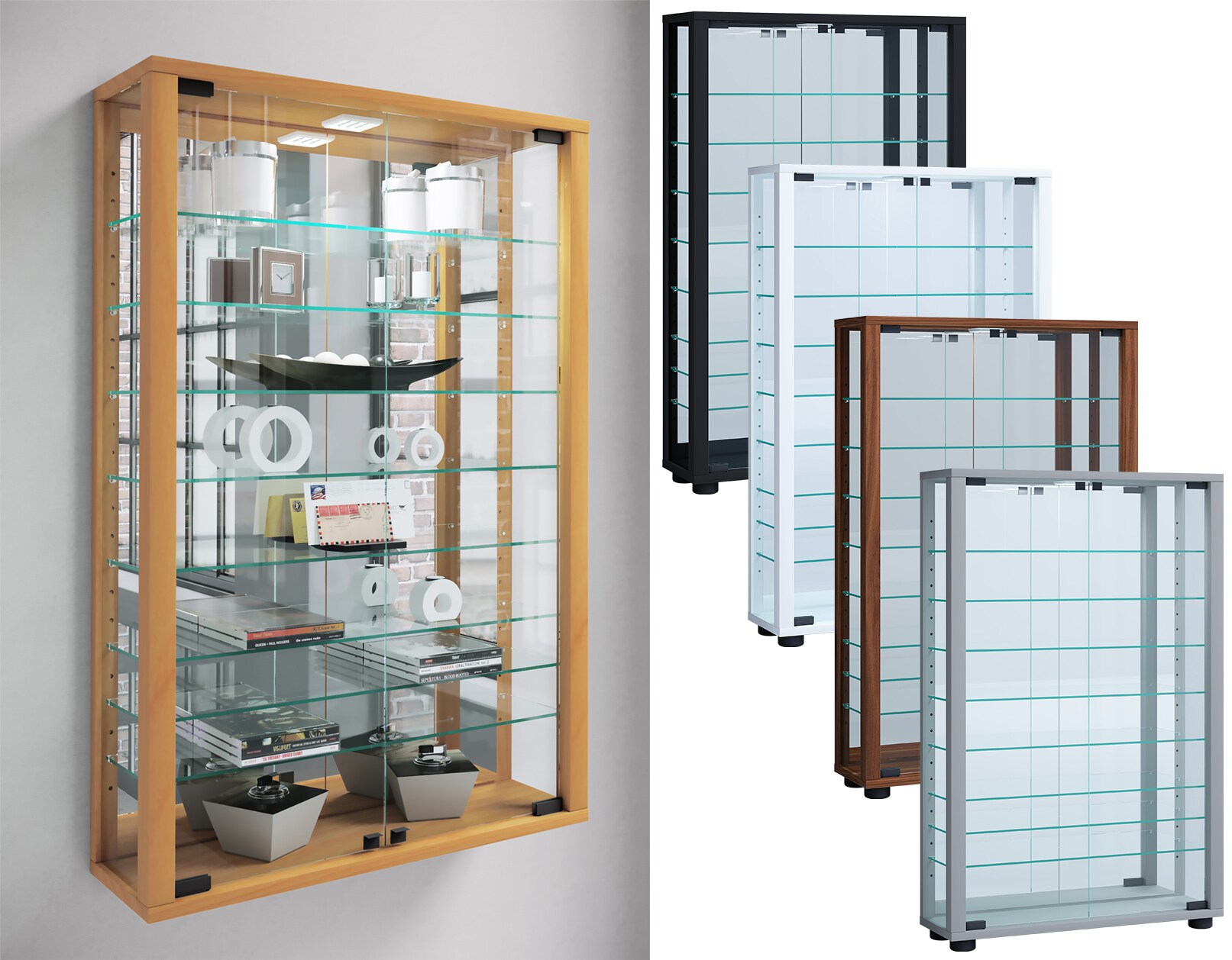 VCM Glasvitrine hängend Vitrine Glas mit ESG-Sicherheitsglas Maße ca. . H. 91 x B. 59 x T. 18 cm Hängevitrine Glas Modern und platzsparend Vitrine Glas - Vitrosa Mini Spiegel