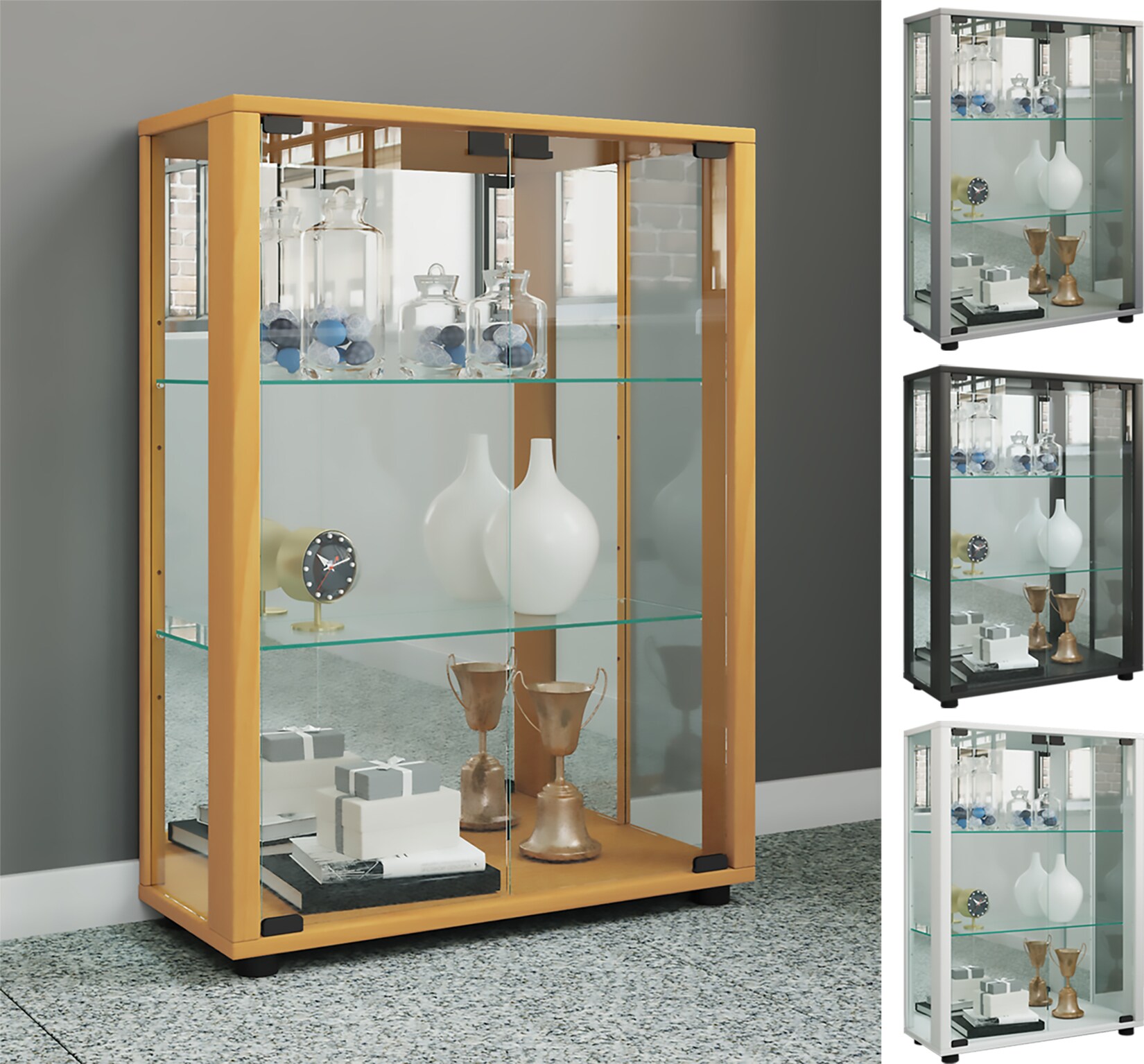 VCM Glasvitrine stehend Vitrine Glas mit ESG-Sicherheitsglas Maße ca. H. 80 x B. 60 x T. 25 cm Standvitrine Glas Modern und platzsparend Glas Vitrinenschrank – Sintalo Spiegel