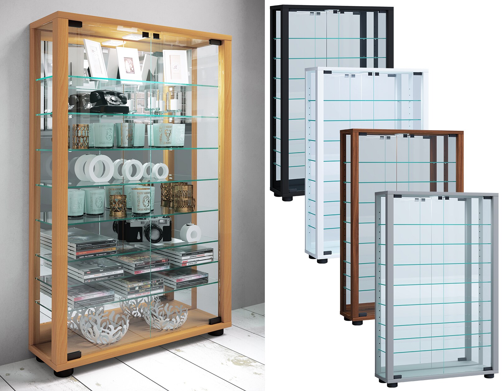VCM Glasvitrine stehend Vitrine Glas mit ESG-Sicherheitsglas Maße ca. H. 91 x B. 59 x T. 18 cm Standvitrine Glas Modern und platzsparend Glas Vitrinenschrank – Lumo Mini Spiegel