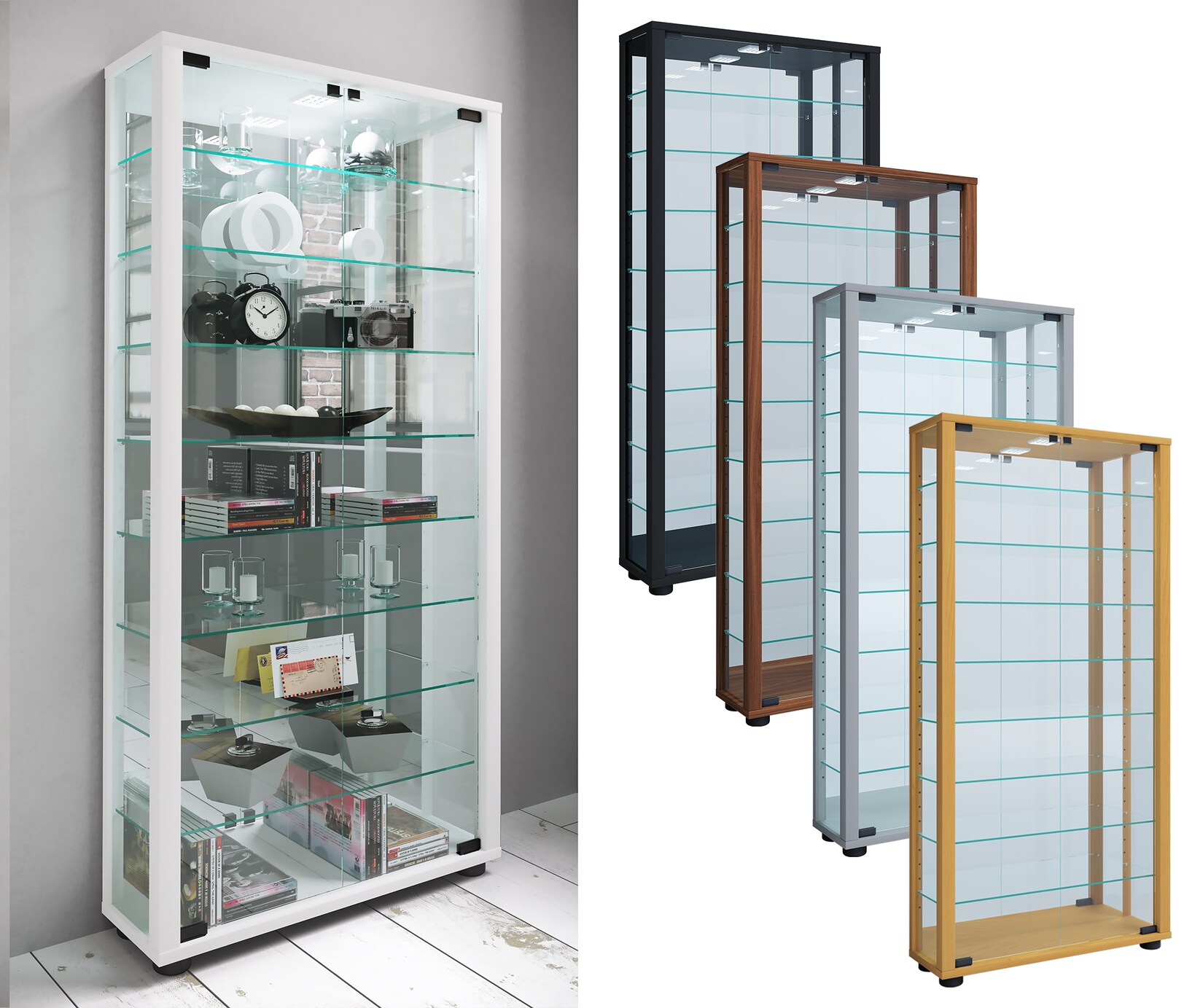 VCM Glasvitrine stehend Vitrine Glas mit ESG-Sicherheitsglas Maße ca. H. 115 x B. 59 x T. 18 cm Standvitrine Glas Modern und platzsparend Glas Vitrinenschrank – Lumo Maxi Spiegel