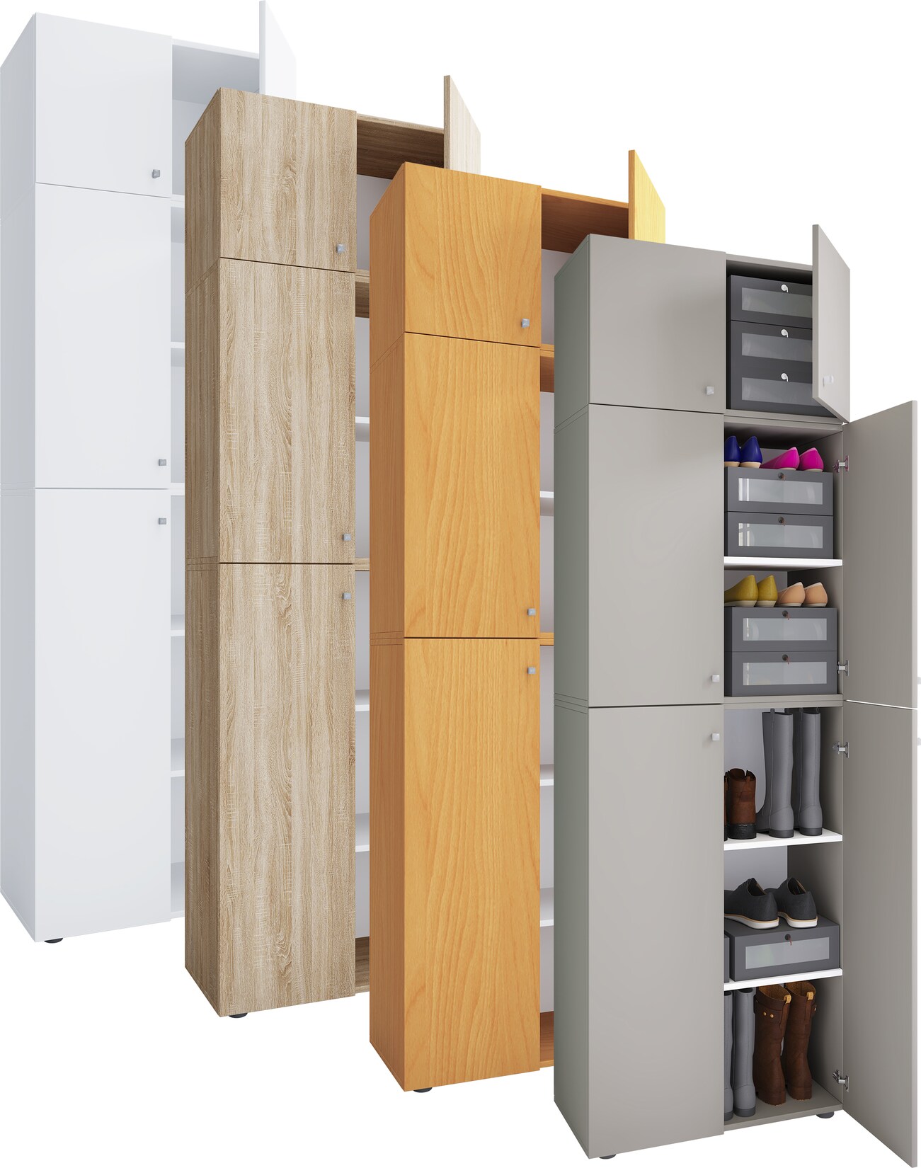 VCM Holz-Schuhschrank Maße: H. 223 x B. 70 x T. 39 cm Allzweckschrank 5 Fächer 4 Drehtüren Aufsatz mit 2 Türen– Lona