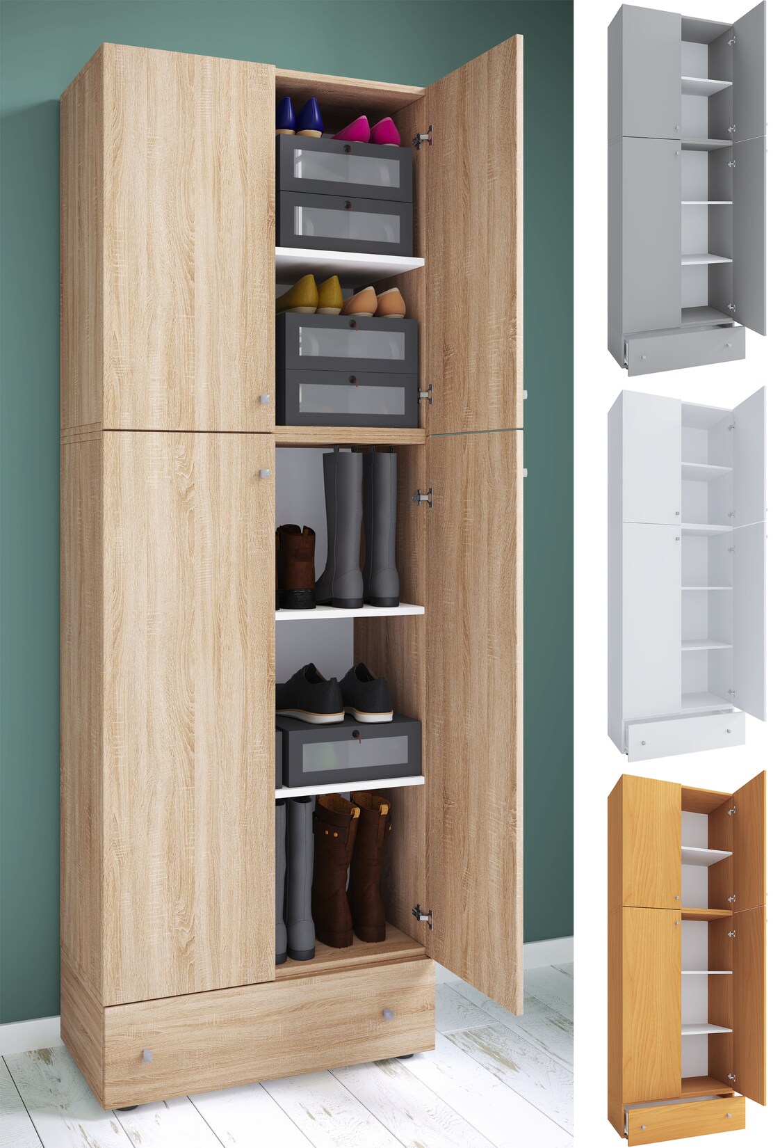 VCM Holz-Schuhschrank Maße: H. 200 x B. 70 x T. 39 cm Allzweckschrank 5 Fächer 4 Drehtüren extra Schublade– Lona