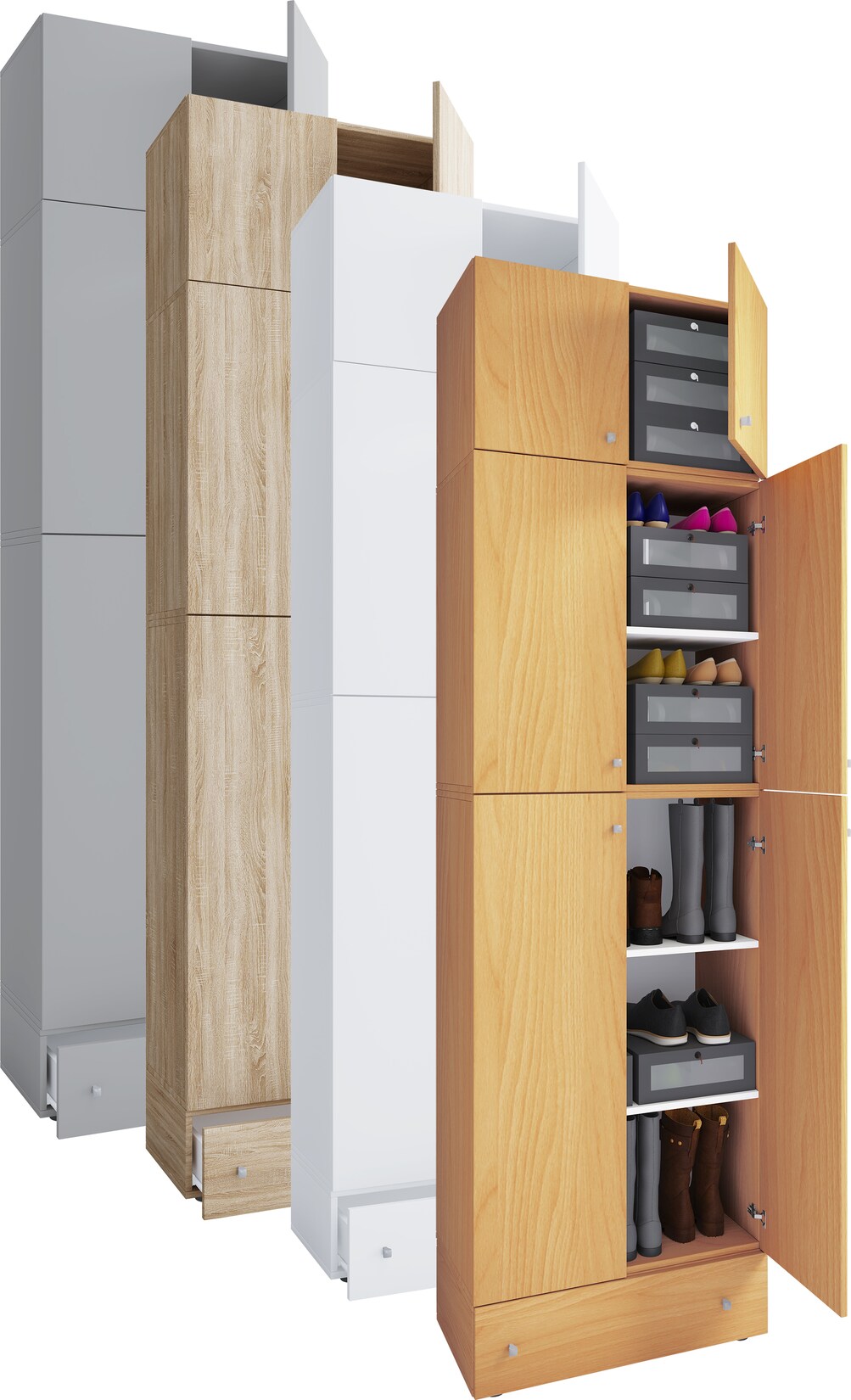 VCM Holz-Schuhschrank Maße: H. 240 x B. 70 x T. 39 cm Allzweckschrank 5 Fächer 4 Drehtüren Aufsatz mit 2 Türen extra Schublade– Lona