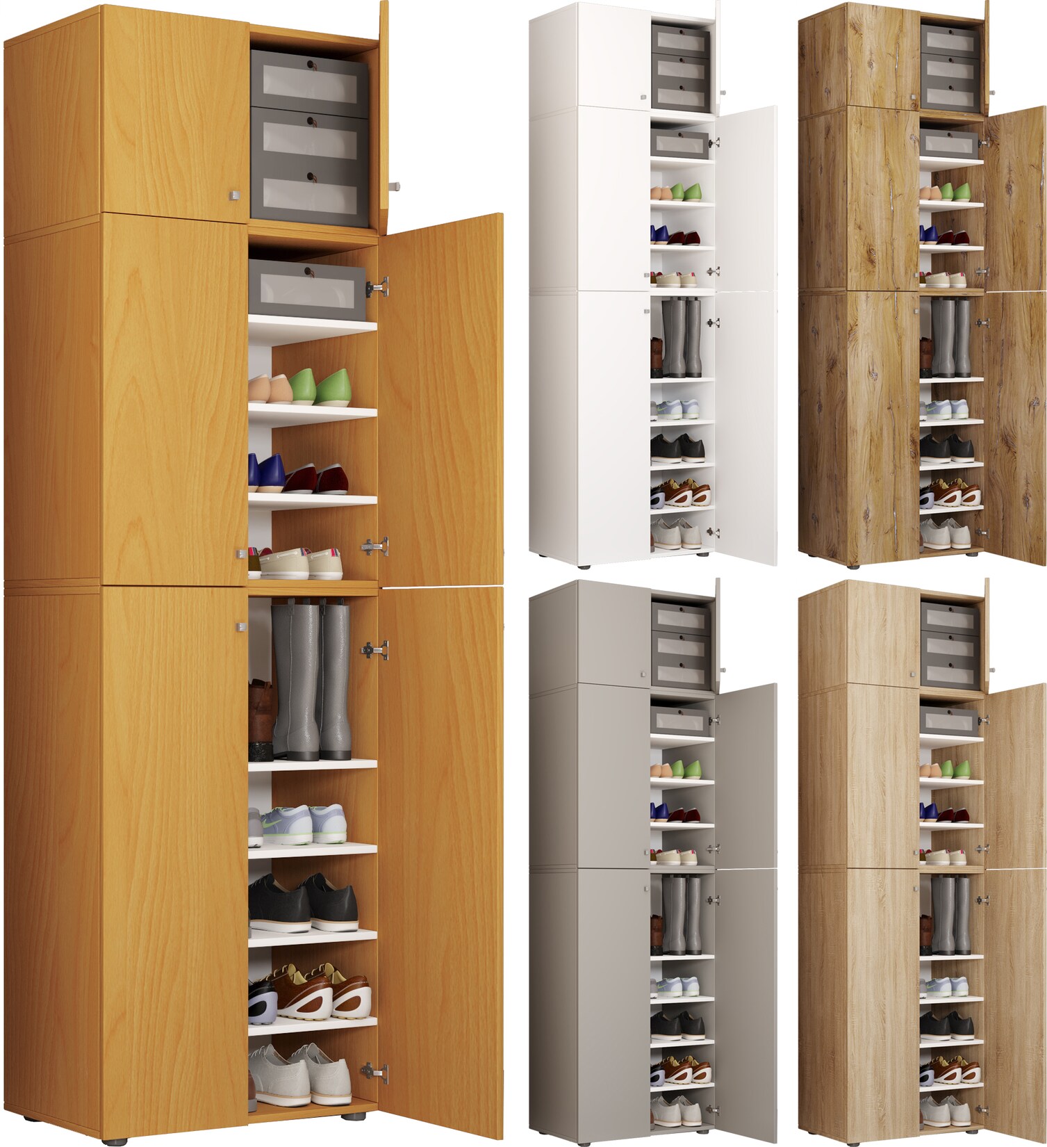 VCM Holz-Schuhschrank Maße: H. 200 x B. 70 x T. 39 cm Allzweckschrank 9 Fächer 4 Drehtüren Aufsatz mit 2 Türen – Lona