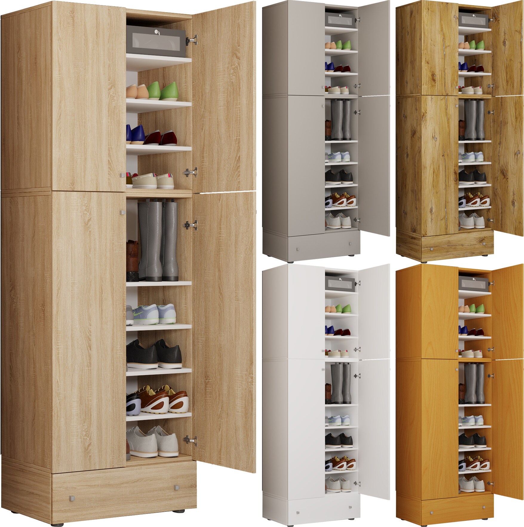 VCM Holz-Schuhschrank | Ma&szlig;e: H. 200 x B. 70 x T. 39 cm | Allzweckschrank | 9 F&auml;cher | 4 Dreht&uuml;ren | extra Schublade &ndash; Lona - Bild 1