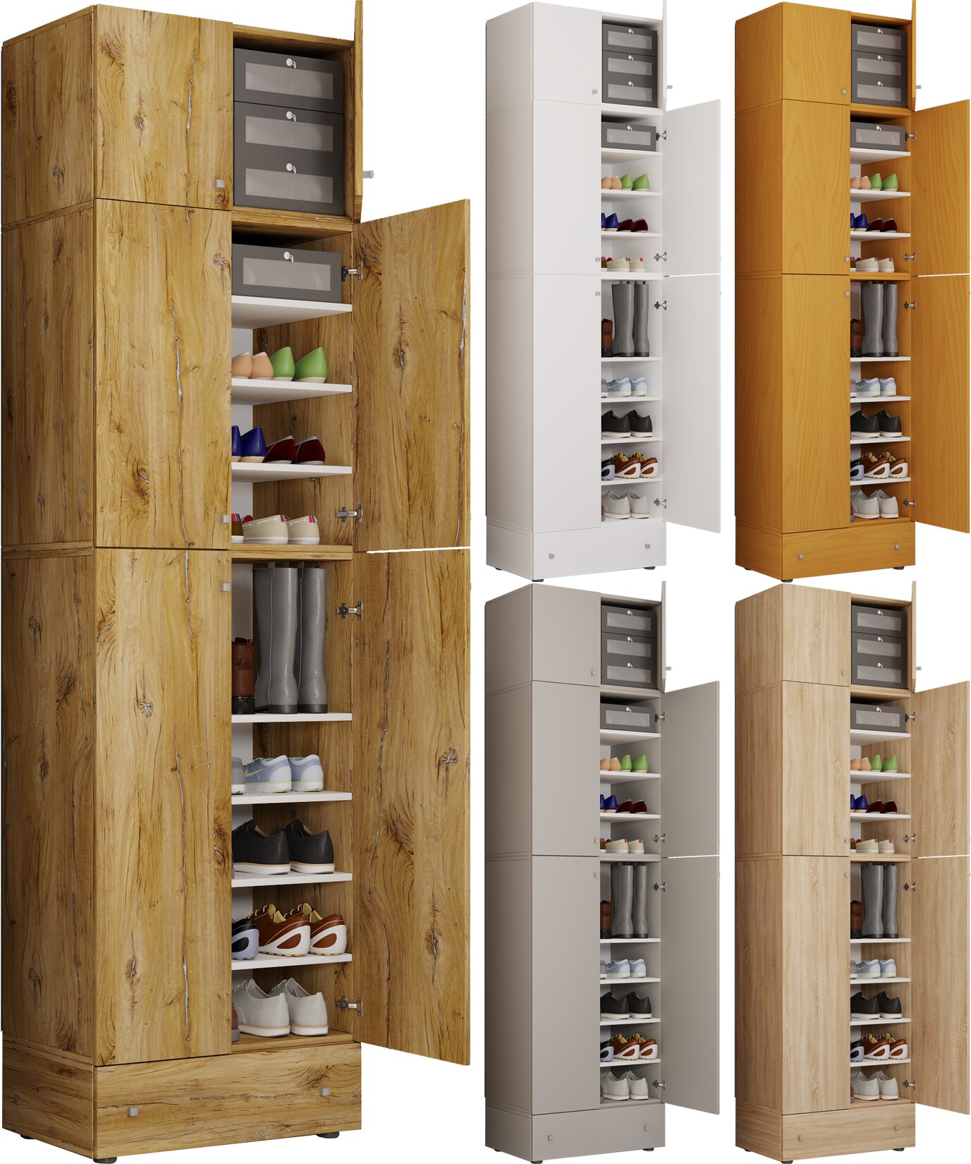 VCM Holz-Schuhschrank Maße: H. 240 x B. 70 x T. 39 cm Allzweckschrank 9 Fächer 4 Drehtüren Aufsatz mit 2 Türen extra Schublade – Lona