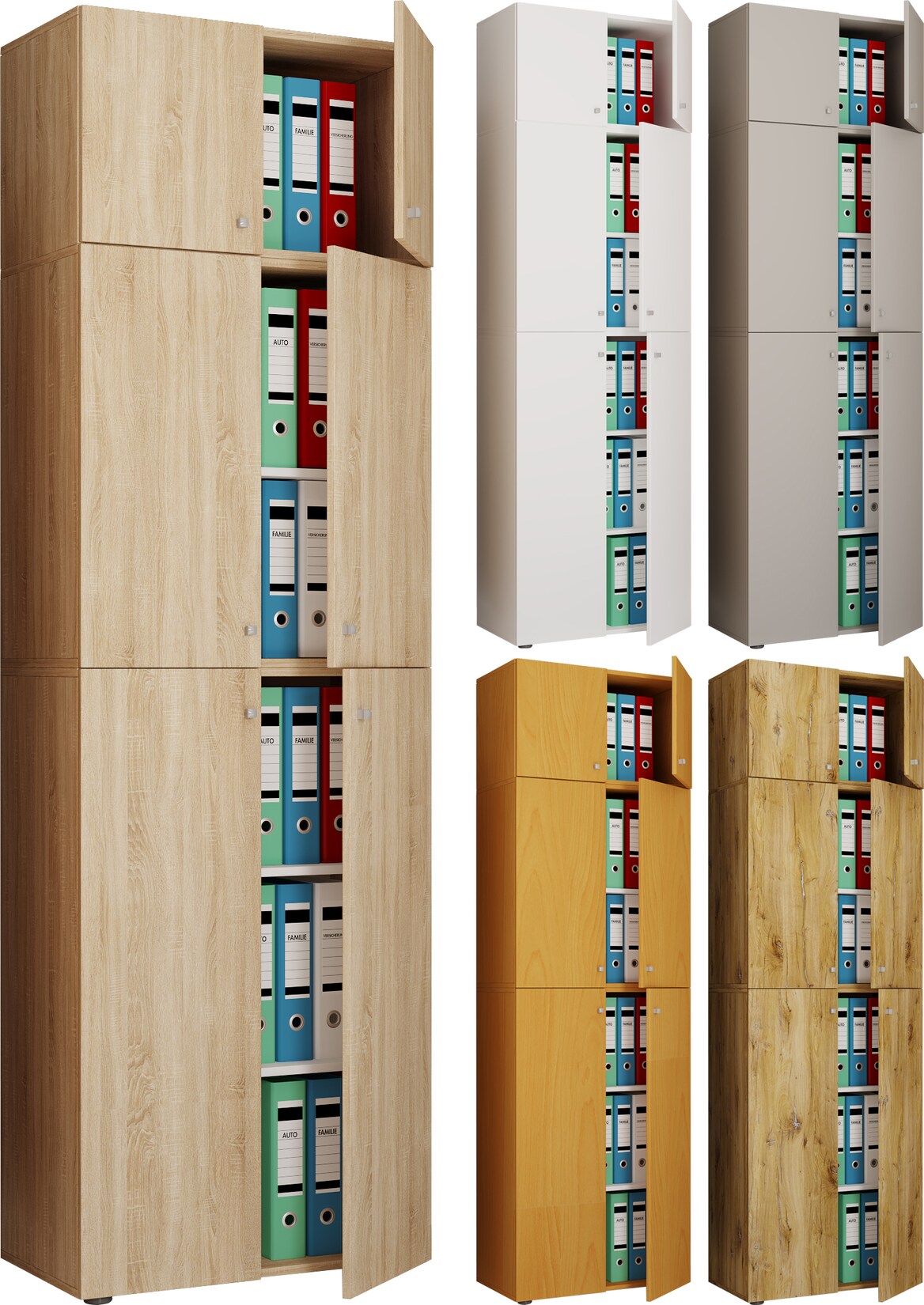 VCM XXL Büroschrank mit 5 Fächern und einem Aufsatz moderner Aktenschrank mit Drehtüren Maße ca. H. 223 x B. 70 x T. 39 cm – Lona 5-Fach