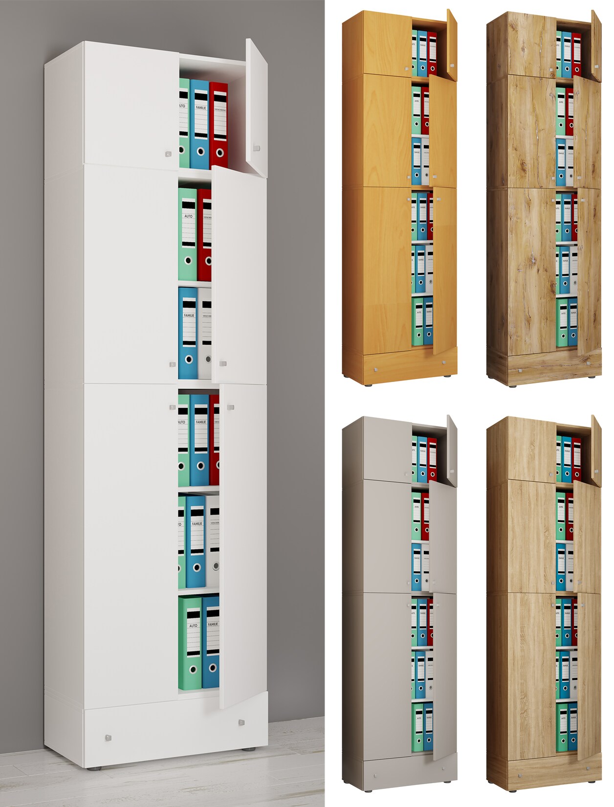 VCM XXL Büroschrank mit 5 Fächern mit Aufsatz und Schublade moderner Aktenschrank mit Drehtüren Maße ca. H. 240 x B. 70 x T. 39 cm – Lona 5-Fach