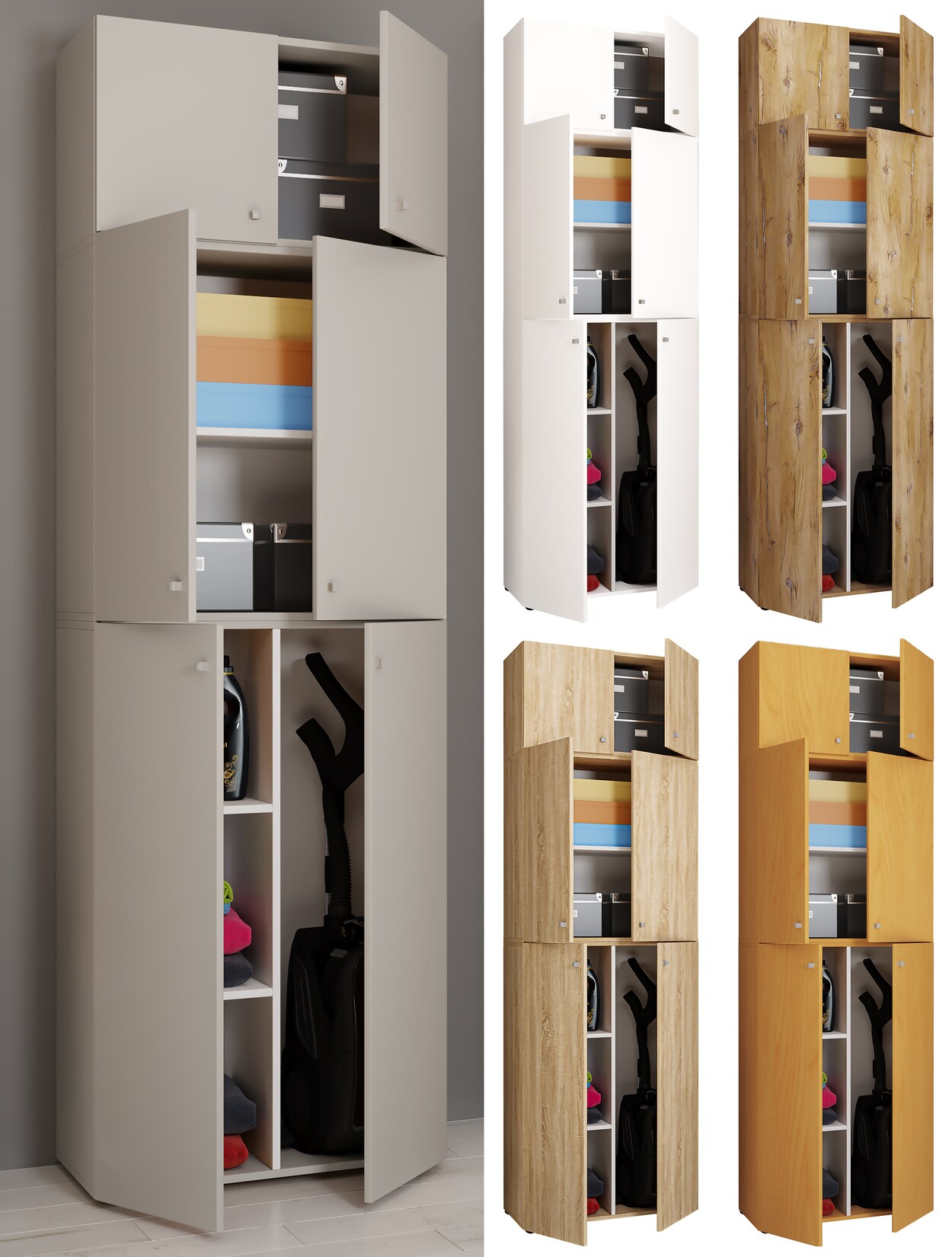 VCM Holz Besenschrank 6 Fächer Maße: H. 223 x B. 70 x T. 39 cm Haushaltsschrank Mehrzweckschrank Aufsatz mit zwei Türen - Lona