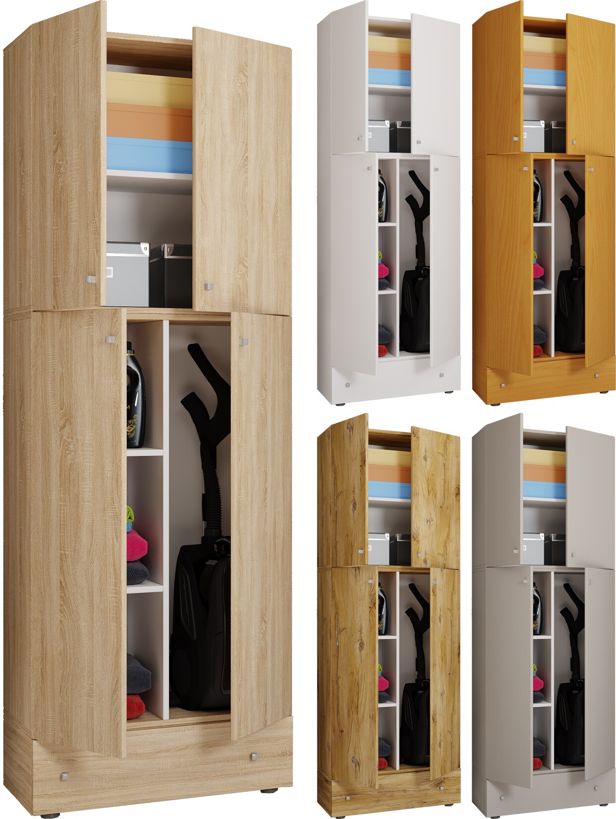 VCM Holz Besenschrank 6 Fächer Maße: H. 200 x B. 70 x T. 39 cm Haushaltsschrank Mehrzweckschrank Extra Schublade - Lona