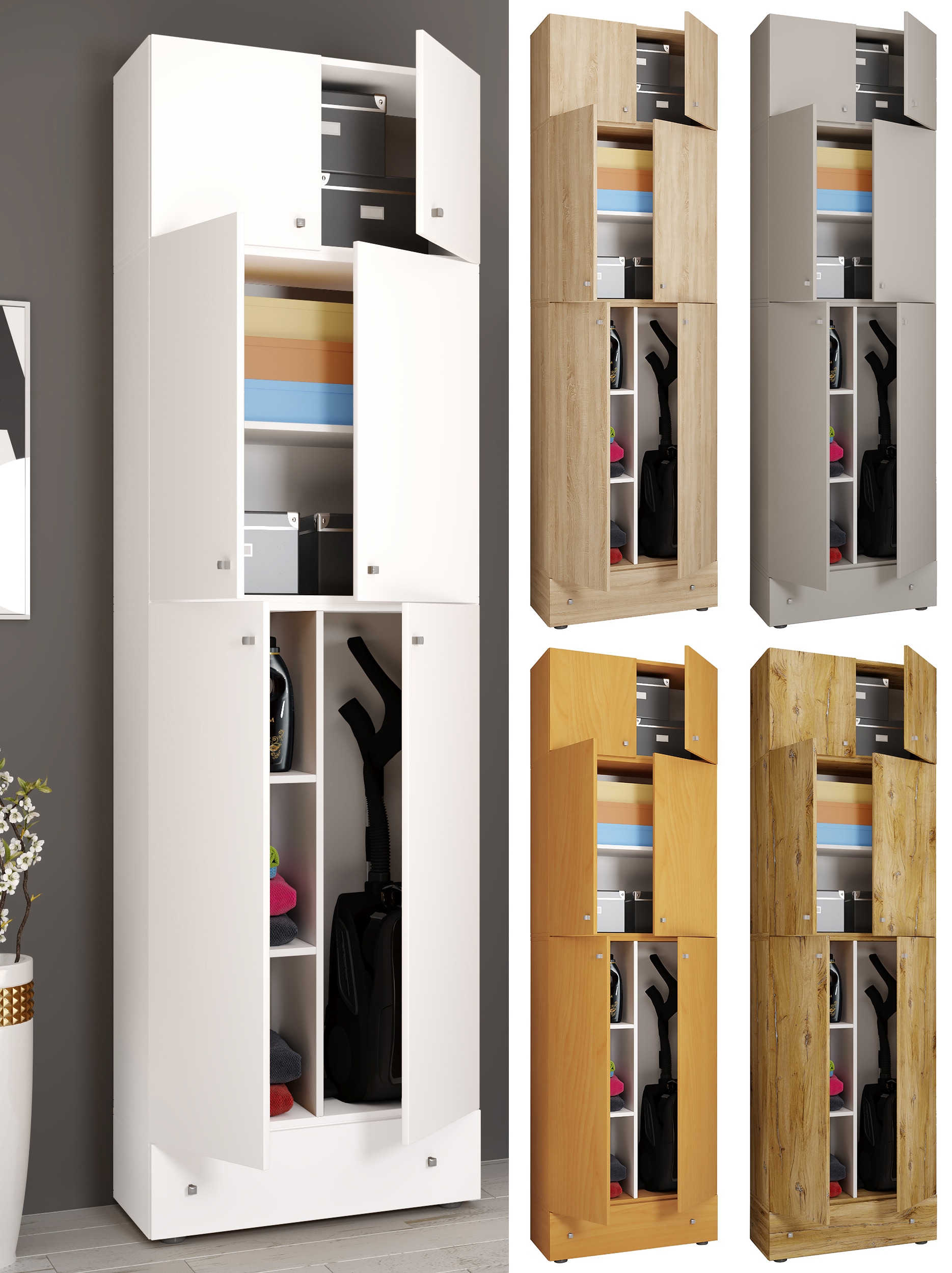 VCM Holz Besenschrank | 6 F&auml;cher | Ma&szlig;e: H. 240 x B. 70 x T. 39 cm | Haushaltsschrank | Mehrzweckschrank | Aufsatz mit 2 T&uuml;ren | Extra Schublade - Lona - Bild 1
