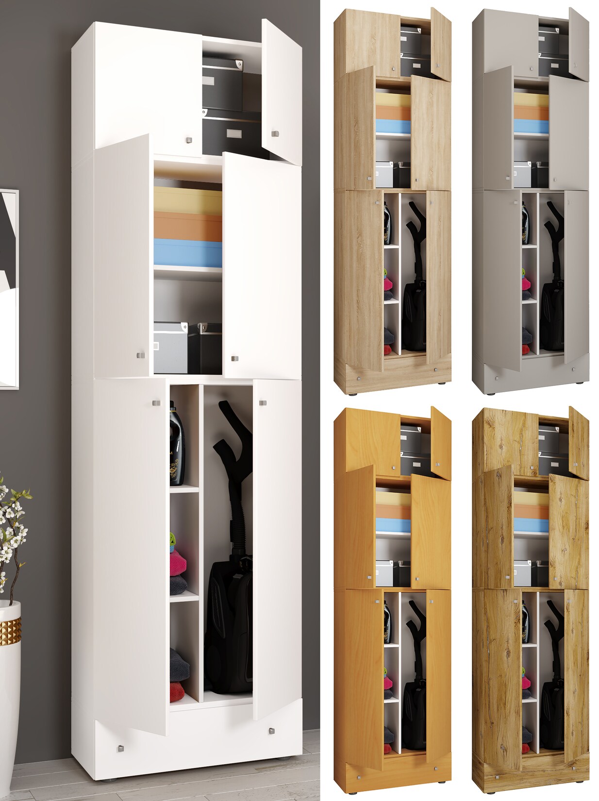 VCM Holz Besenschrank   6 Fächer   Maße: H. 240 x B. 70 x T. 39 cm   Haushaltsschrank   Mehrzweckschrank   Aufsatz mit 2 Türen   Extra Schublade – Lona | 04051814413797