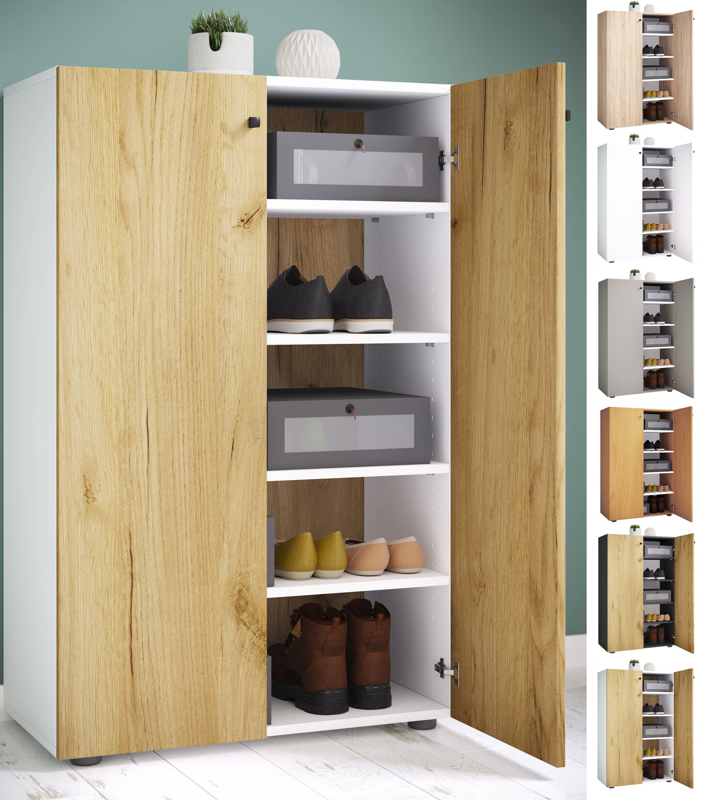 VCM Holz-Schuhschrank Maße: H. 110 x B. 70 x T. 39 cm Allzweckschrank 5 Fächer 2 Drehtüren– Lona