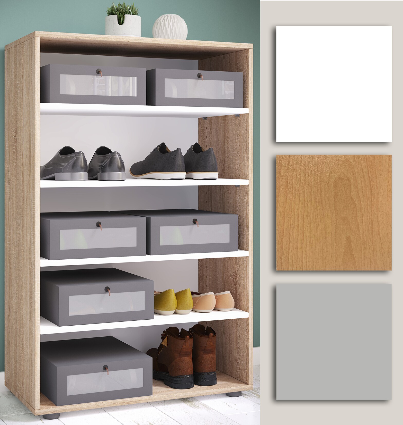VCM Holz-Schuhschrank Maße: H. 110 x B. 70 x T. 37 cm Allzweckschrank 5 Fächer ohne Türen– Lona