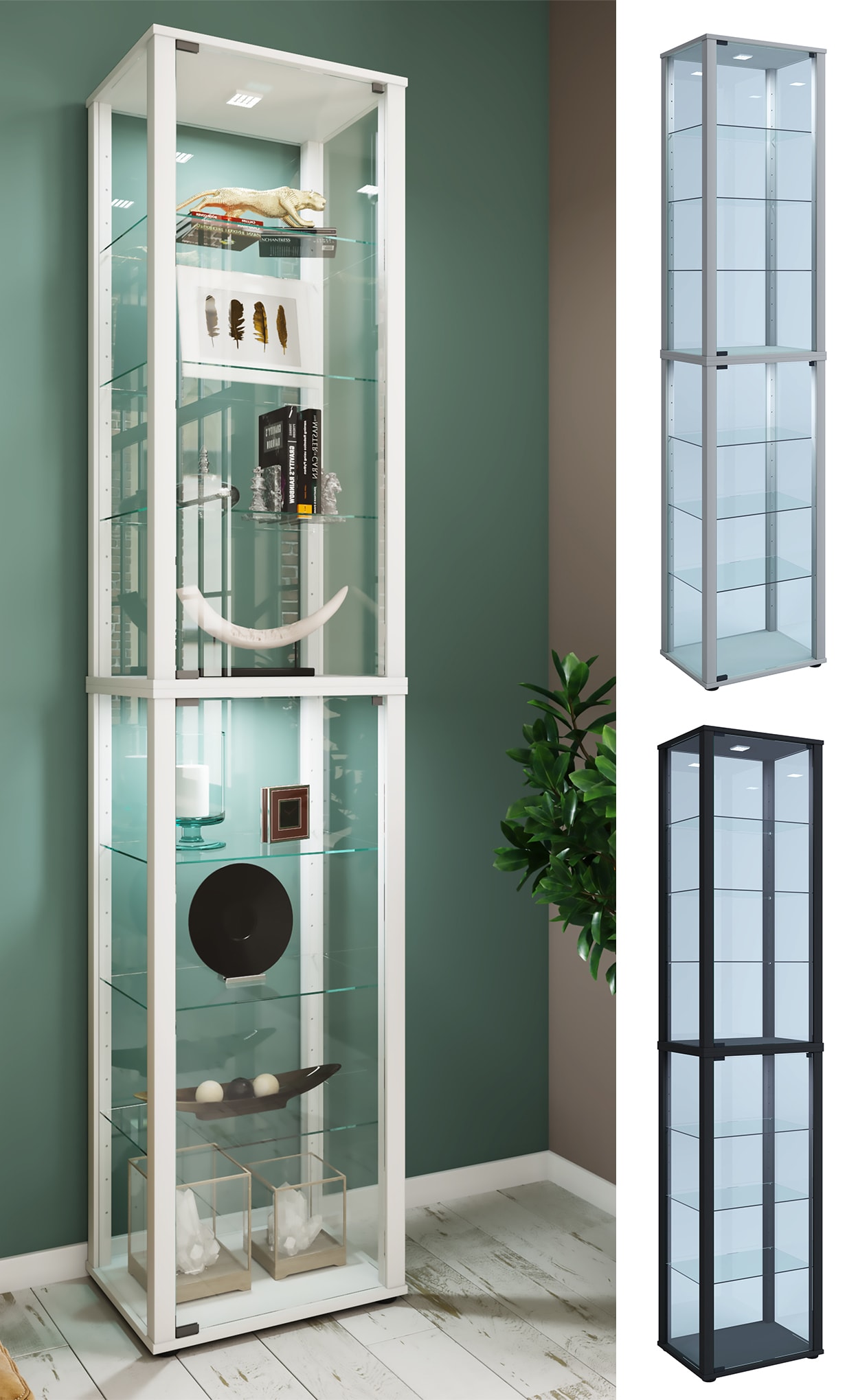 VCM Glasvitrine stehend | Vitrine Glas mit ESG-Sicherheitsglas | Ma&szlig;e ca. H. 227 x B. 50 x T. 38 cm | Standvitrine Glas | Modern und platzsparend | Glas Vitrinenschrank &ndash; Kavisa XL - Bild 1