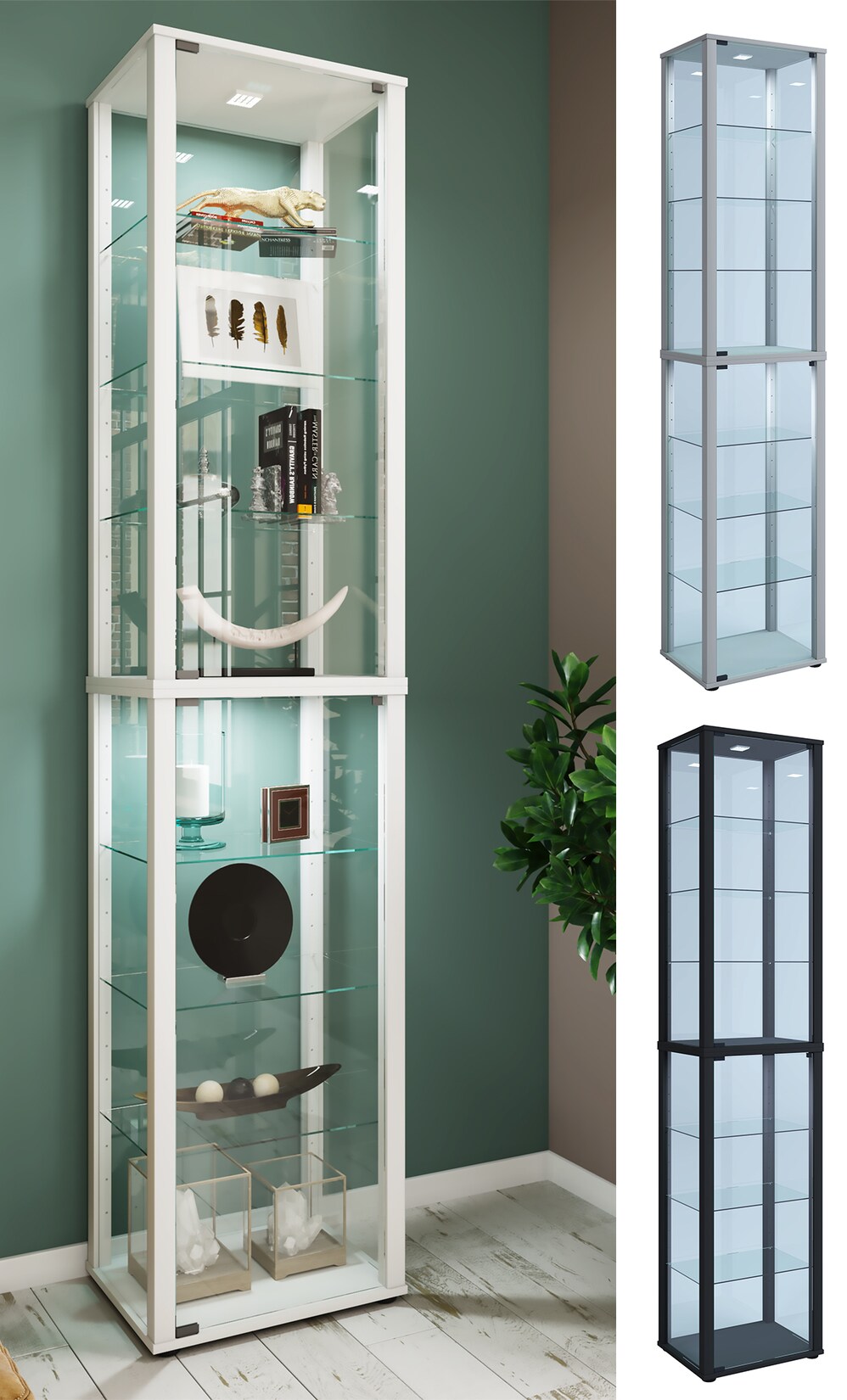 VCM Glasvitrine stehend Vitrine Glas mit ESG-Sicherheitsglas Maße ca. H. 227 x B. 50 x T. 38 cm Standvitrine Glas Modern und platzsparend Glas Vitrinenschrank – Kavisa XL