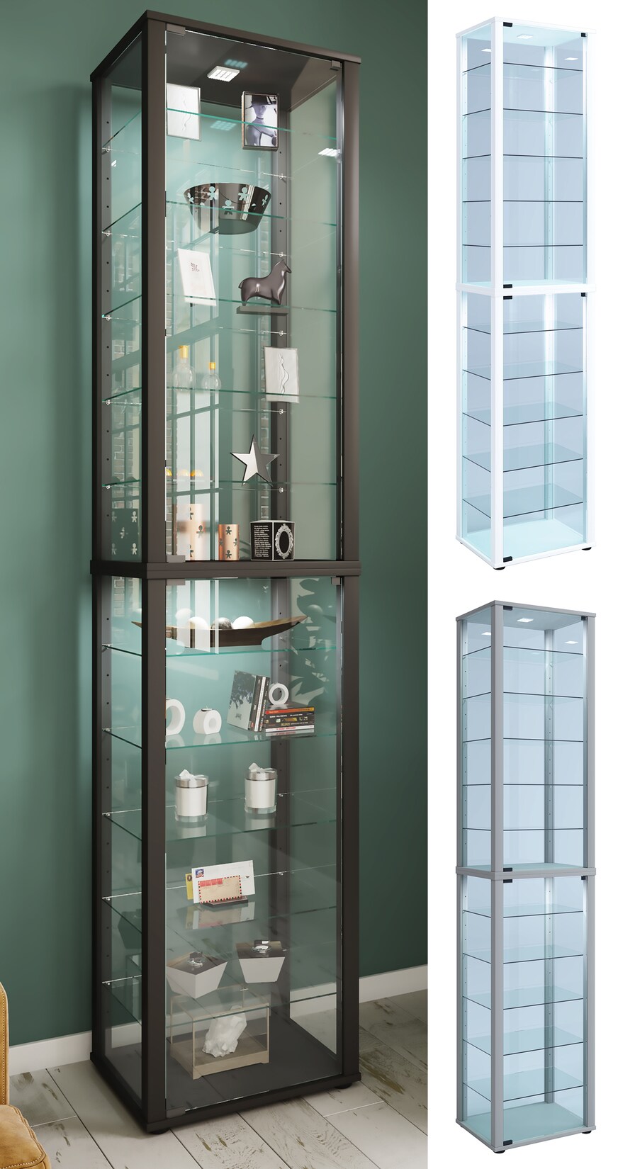 VCM Glasvitrine stehend Vitrine Glas mit ESG-Sicherheitsglas Maße ca. H. 227 x B. 50 x T. 38 cm Standvitrine Glas Modern und platzsparend Glas Vitrinenschrank – Kavisa XXL