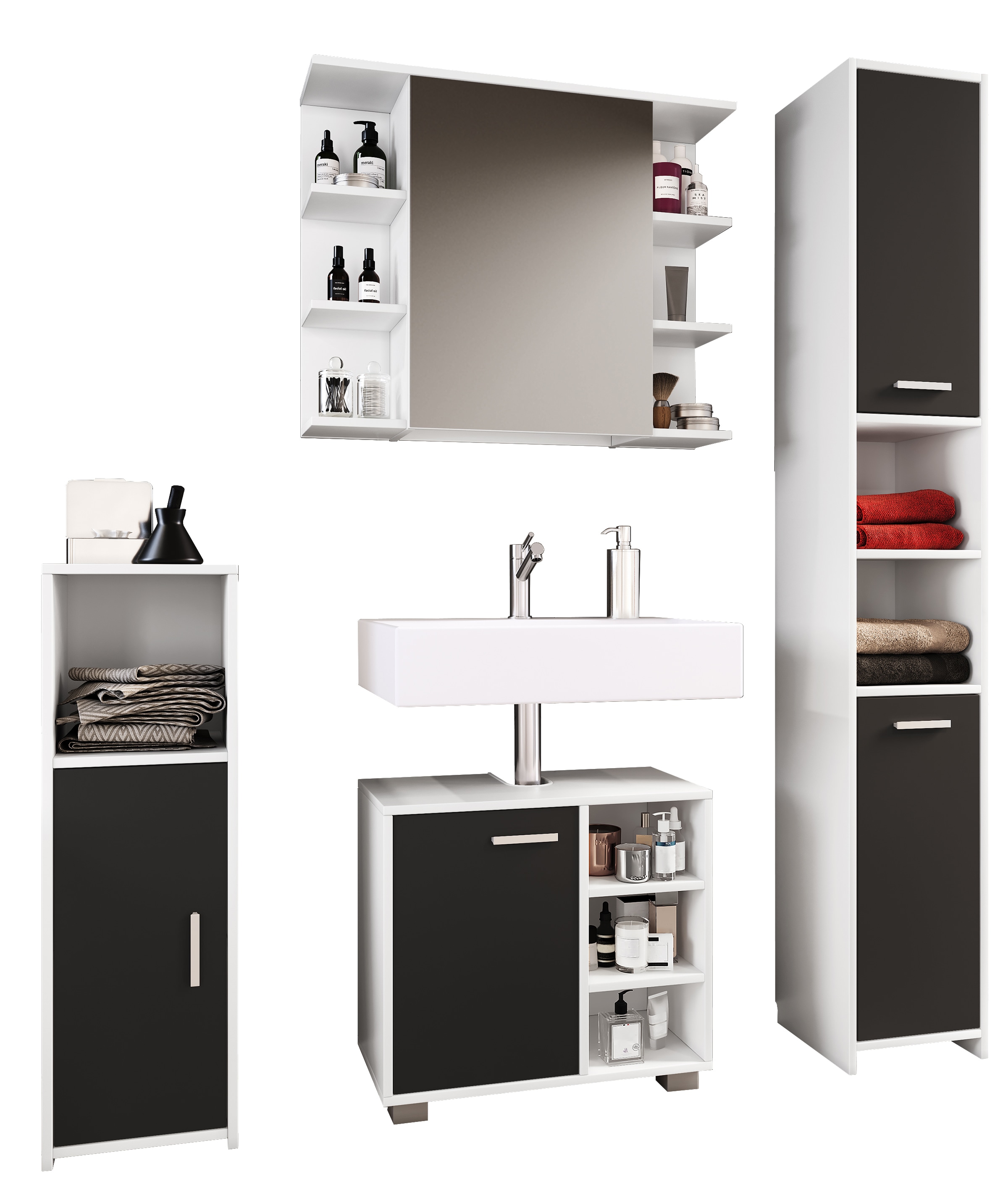 VCM 4-tlg. Badm&ouml;belset | Badm&ouml;bel | Set aus Unterschrank, Midischrank, Hochschrank und Spiegelschrank | Badezimmerm&ouml;bel - Zalo I - Bild 1