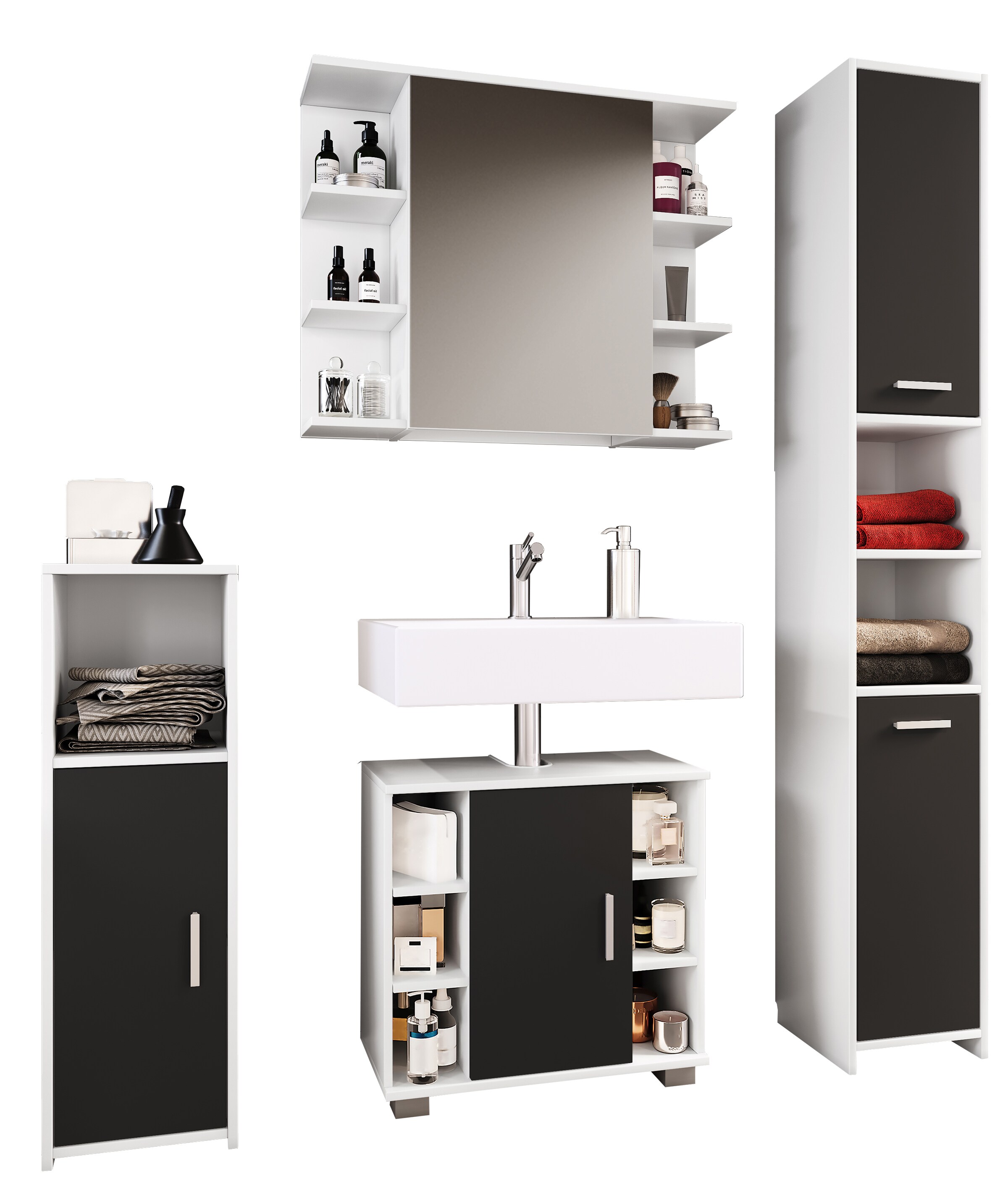 VCM 4-tlg. Badm&ouml;belset | Badm&ouml;bel | Set aus Unterschrank, Midischrank, Hochschrank und Spiegelschrank | Badezimmerm&ouml;bel - Zalo II - Bild 1