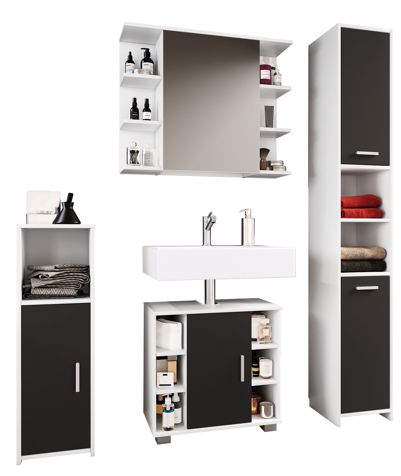 VCM 4-tlg. Badmöbelset Badmöbel Set aus Unterschrank, Midischrank, Hochschrank und Spiegelschrank Badezimmermöbel - Zalo II