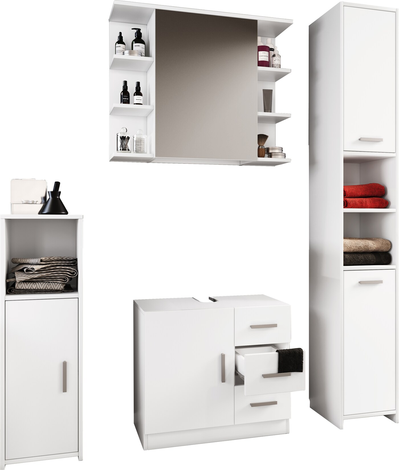 VCM 4-tlg. Badmöbelset Badmöbel Set aus Unterschrank, Midischrank, Hochschrank und Spiegelschrank Badezimmermöbel - Zalo III