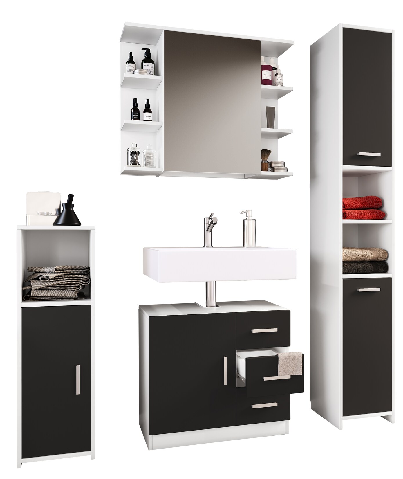 VCM 4-tlg. Badmöbelset Badmöbel Set aus Unterschrank, Midischrank, Hochschrank und Spiegelschrank Badezimmermöbel - Zalo III