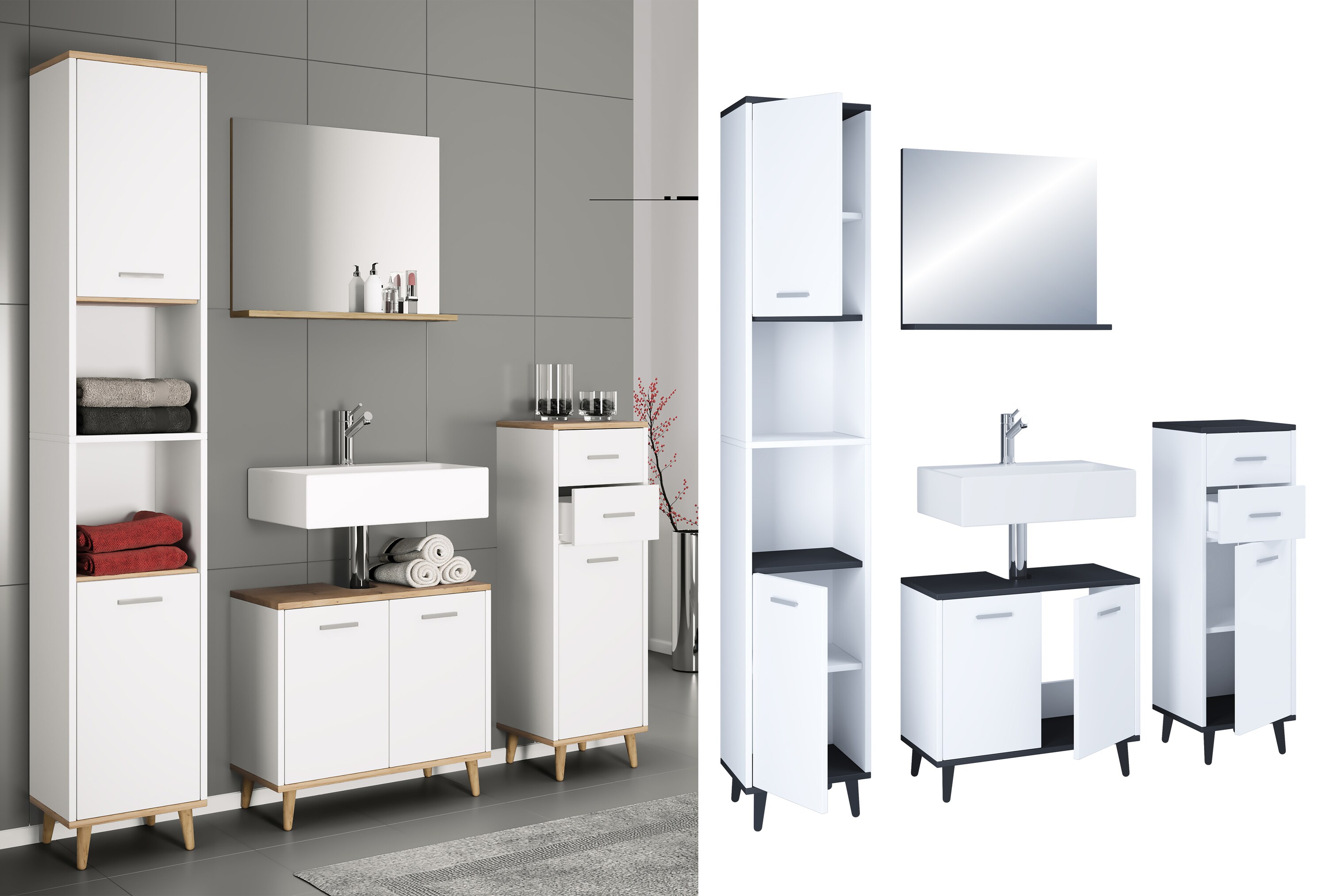 VCM 4-tlg. Badm&ouml;belset | Badm&ouml;bel | Set aus Unterschrank, Midischrank, Hochschrank und Spiegel | Badezimmerm&ouml;bel - Landos - Bild 1