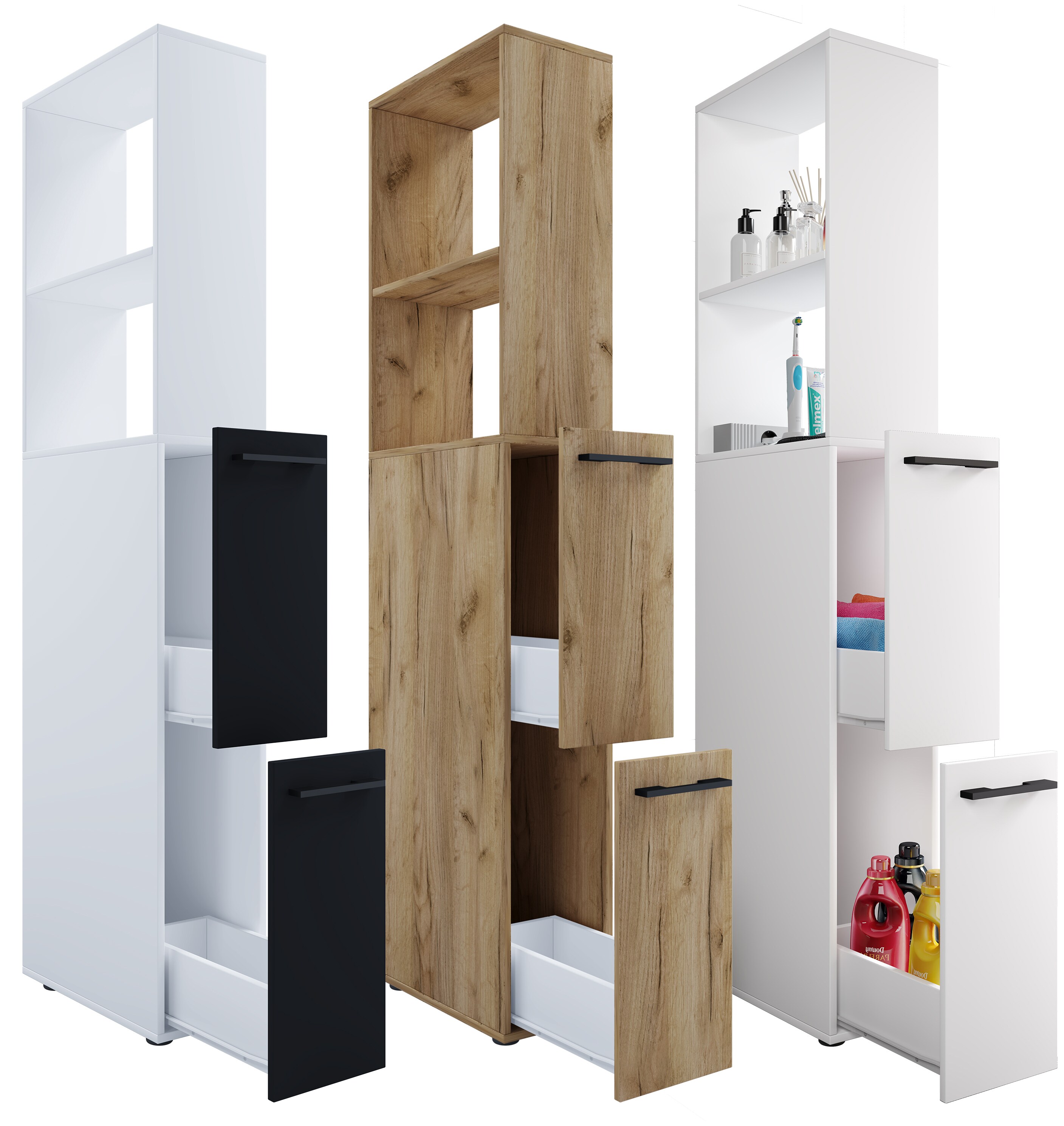 VCM Holz Badezimmerschrank | Badm&ouml;bel | Nischenschrank | Raumteiler mit zwei Schubladen | Hochschrank | Ma&szlig;e ca. H. 183 x B. 25 x T. 50 cm - Sadilo XL - Bild 1