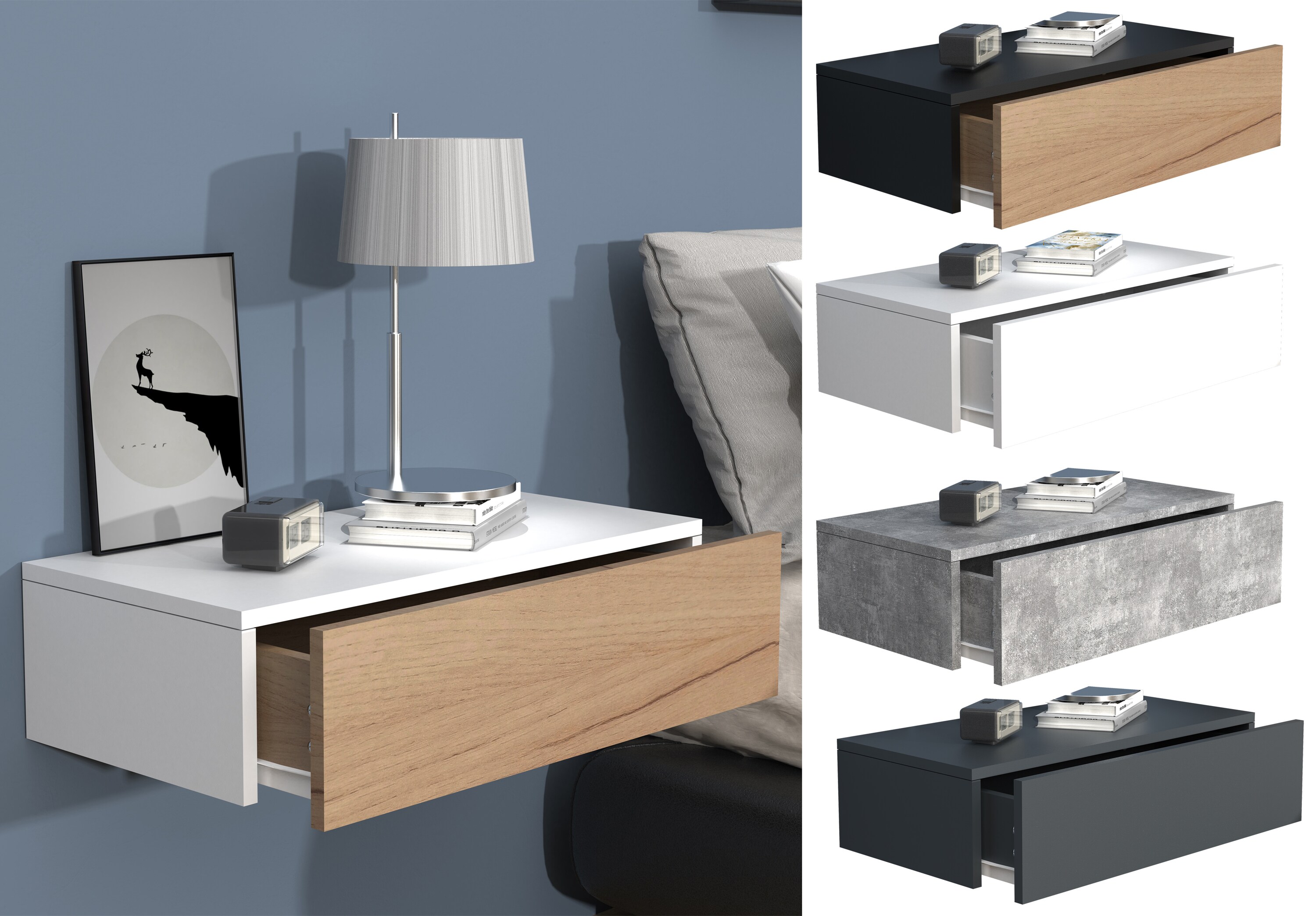 VCM Nachtschrank | Wandschublade | Wandboard | Nachttisch | Ma&szlig;e ca H. 15 x B. 60 x T. 30 cm - Usal M 60 cm - Bild 1